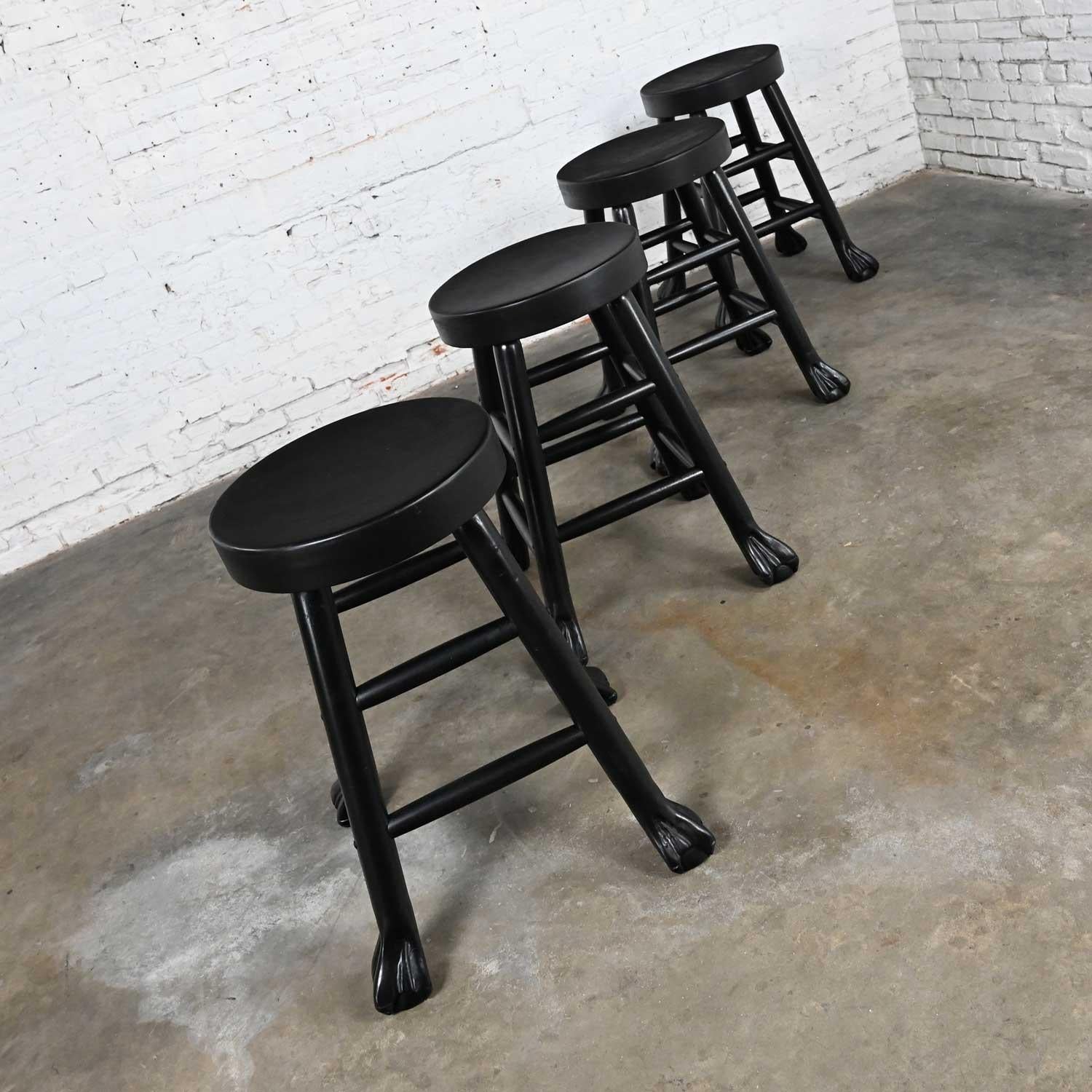 Unknown Vintage Rustic Blackened Solid Hardwood Chunky Claw Foot Barstools Set of 4 For Sale