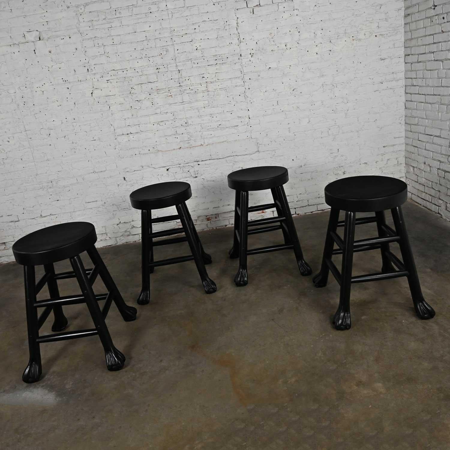 Vintage Rustic Blackened Solid Hardwood Chunky Claw Foot Barstools Set of 4 In Good Condition For Sale In Topeka, KS