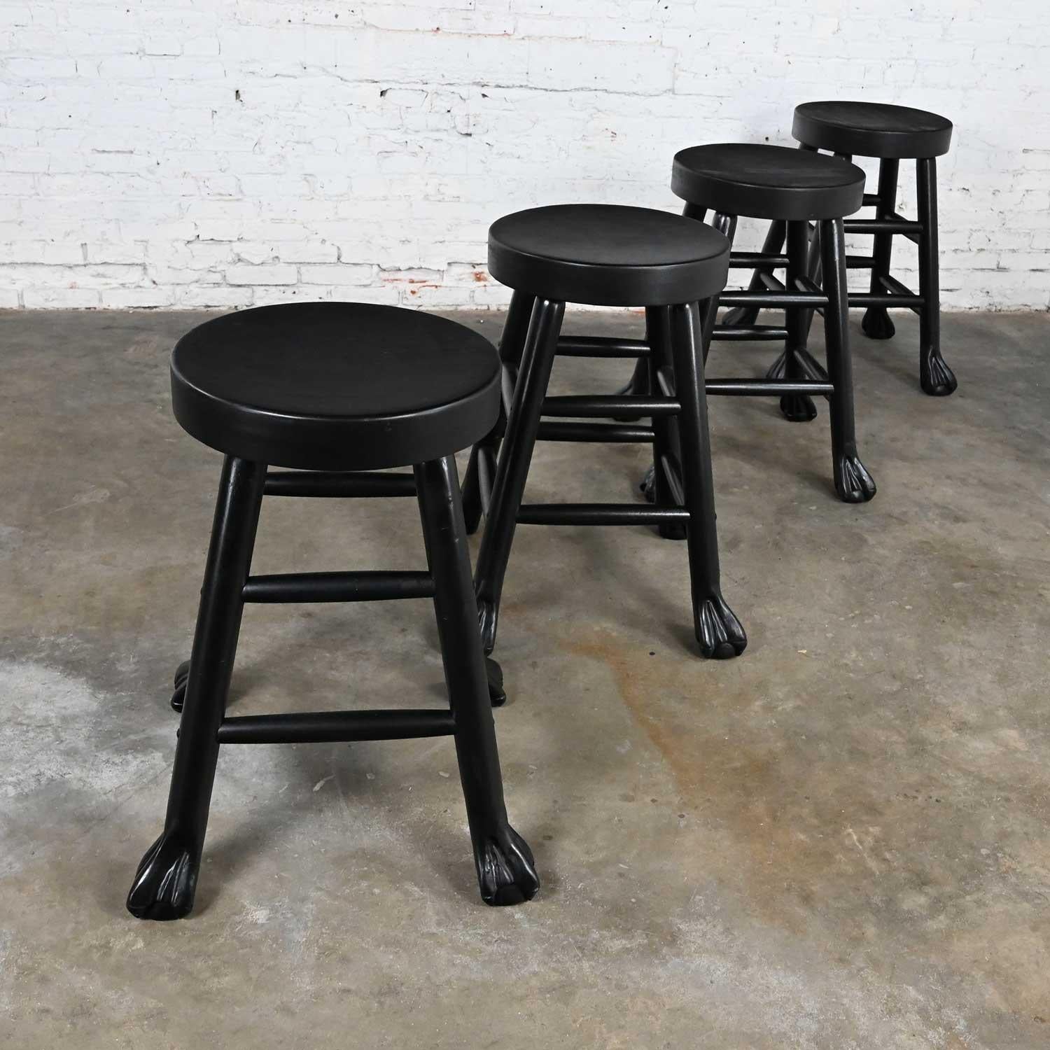 20th Century Vintage Rustic Blackened Solid Hardwood Chunky Claw Foot Barstools Set of 4 For Sale