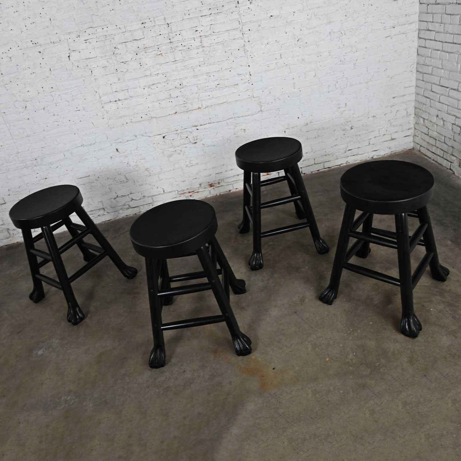 20th Century Vintage Rustic Blackened Solid Hardwood Chunky Claw Foot Barstools Set of 4 For Sale