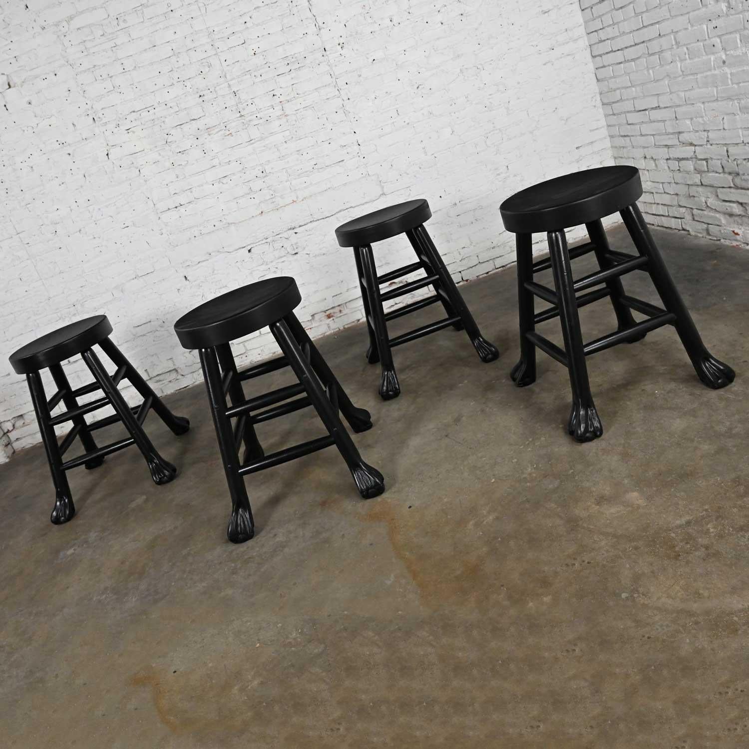 Vintage Rustic Blackened Solid Hardwood Chunky Claw Foot Barstools Set of 4 For Sale 1