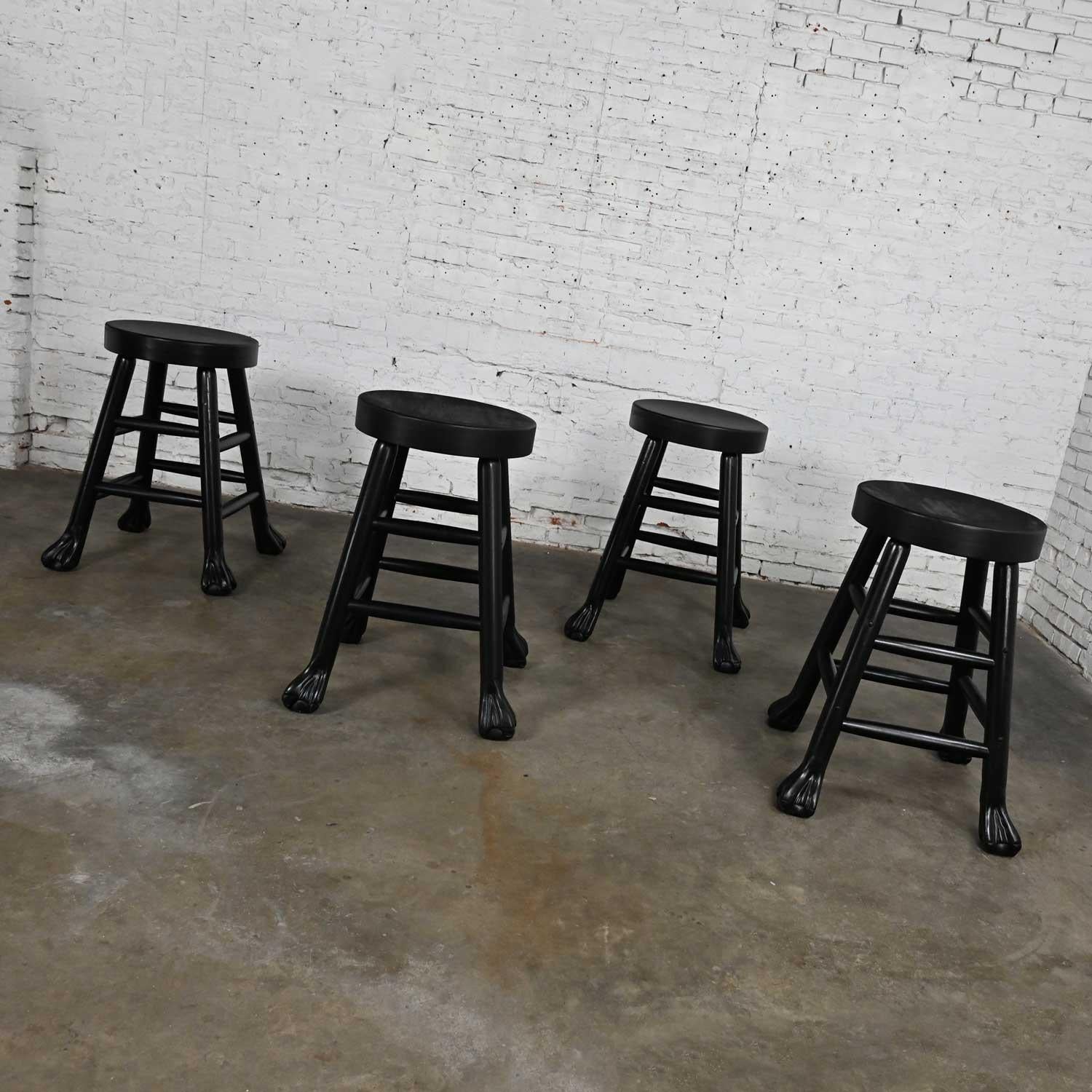 Vintage Rustic Blackened Solid Hardwood Chunky Claw Foot Barstools Set of 4 For Sale 1