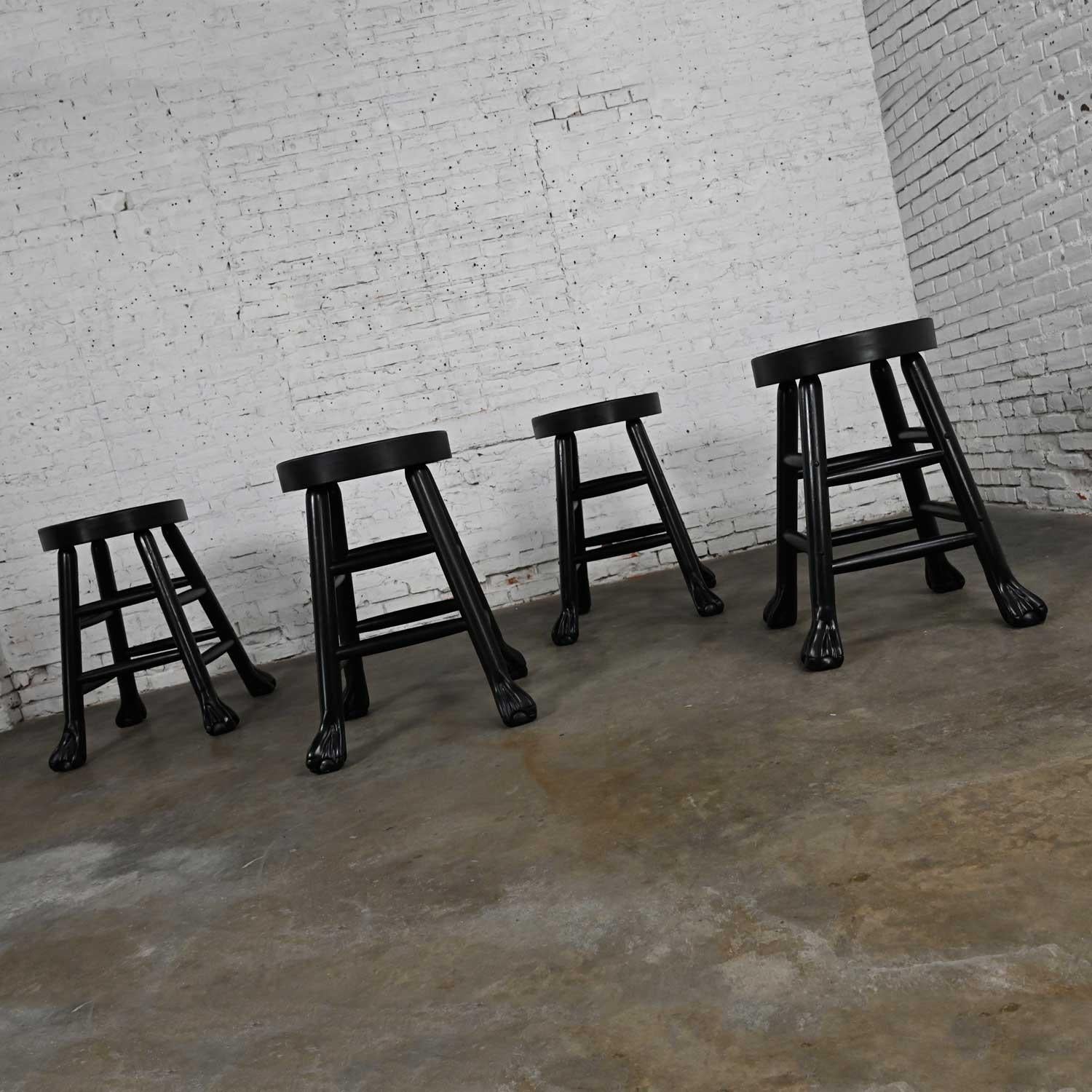 Vintage Rustic Blackened Solid Hardwood Chunky Claw Foot Barstools Set of 4 For Sale 3