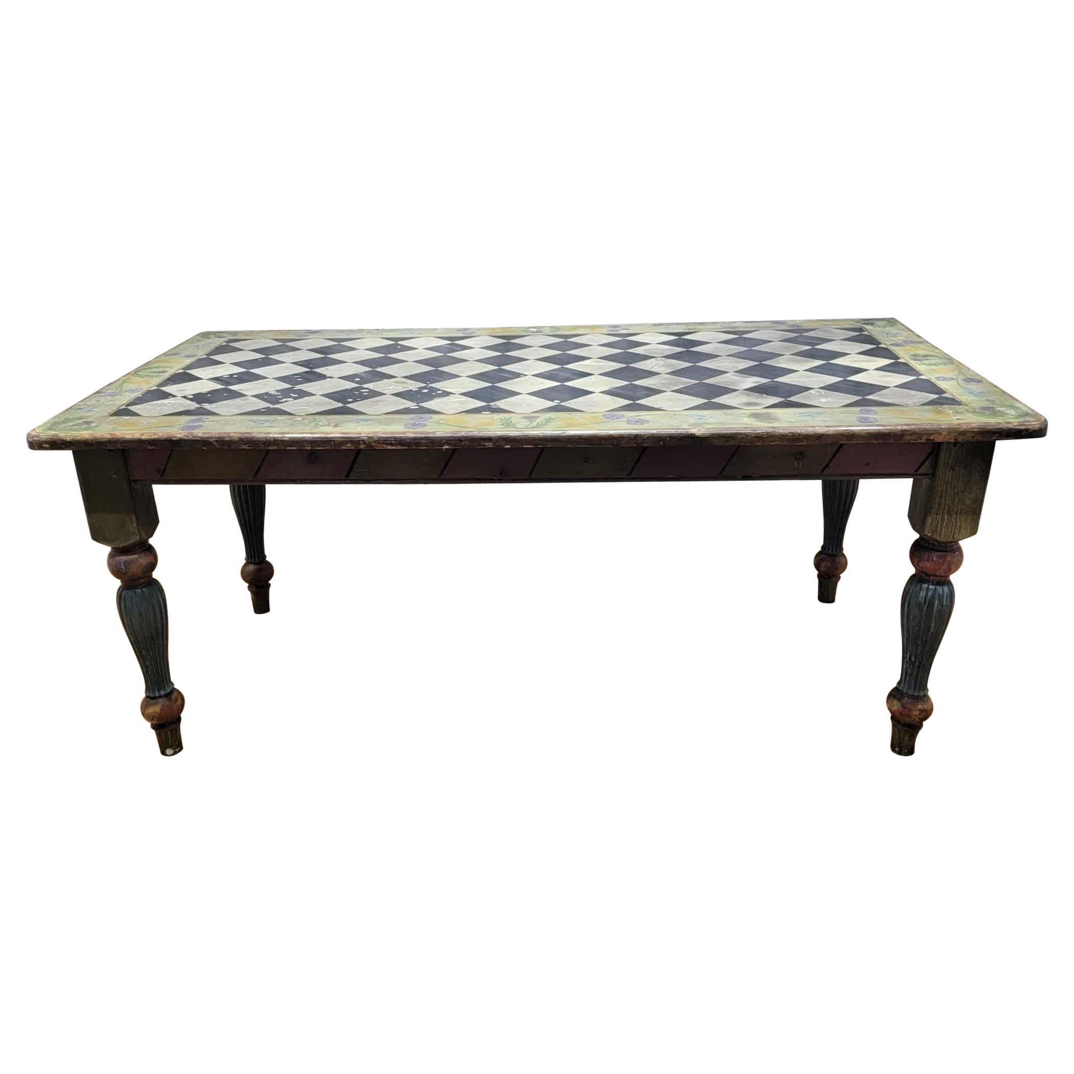 Vintage Rustic Checker Hand Painted Pine Dining Table For Sale