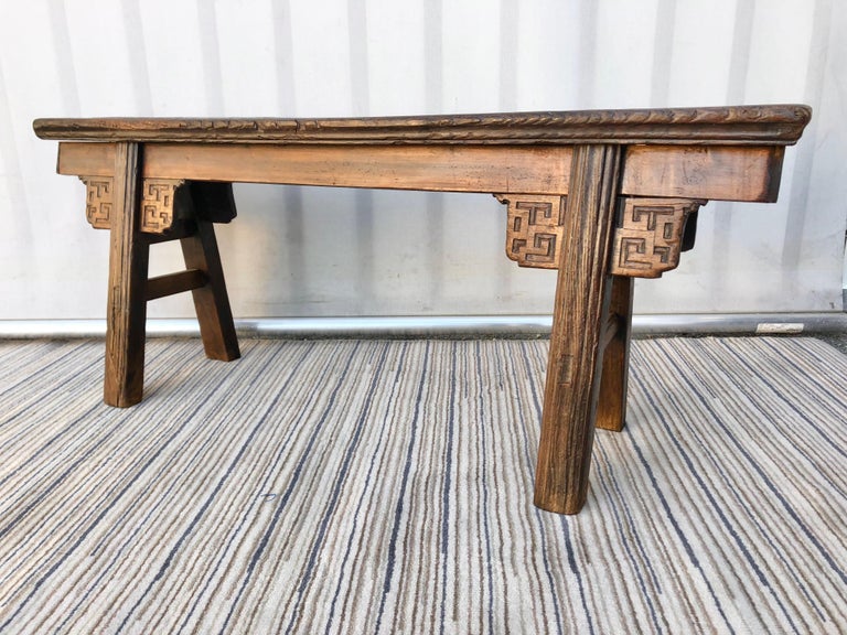 Vintage Rustic Chinese Carved Provincial Bench For Sale at 1stDibs