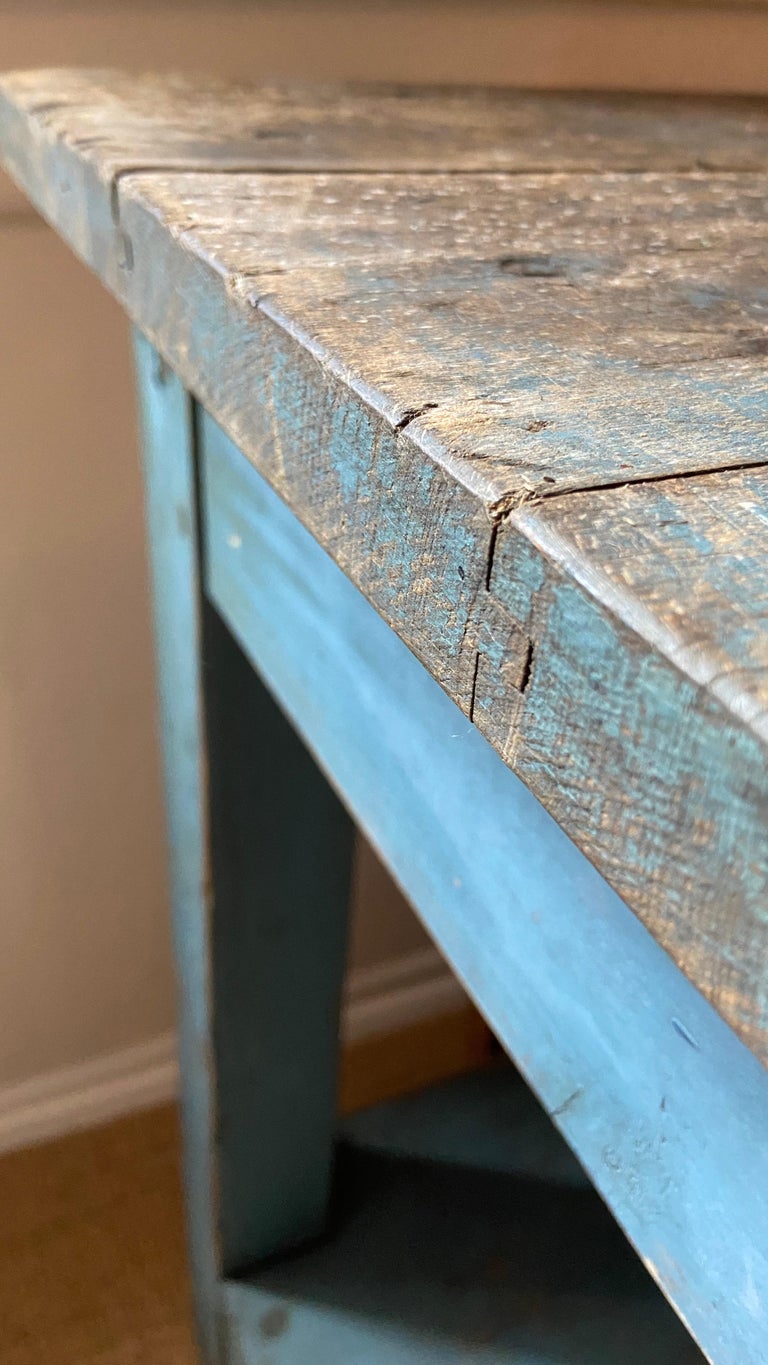 Vintage Rustic Console Table in Blue Painted Wood, France Late 19th