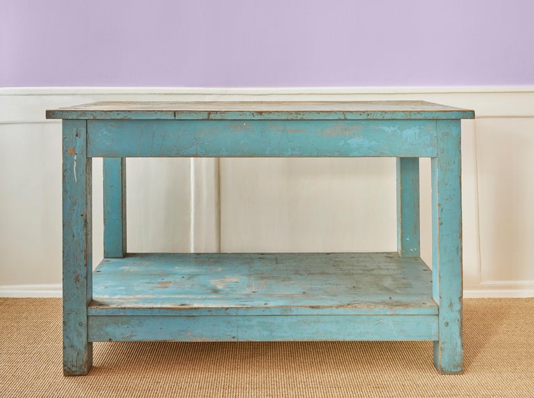 Vintage Rustic Console Table in Blue Painted Wood, France Late 19th