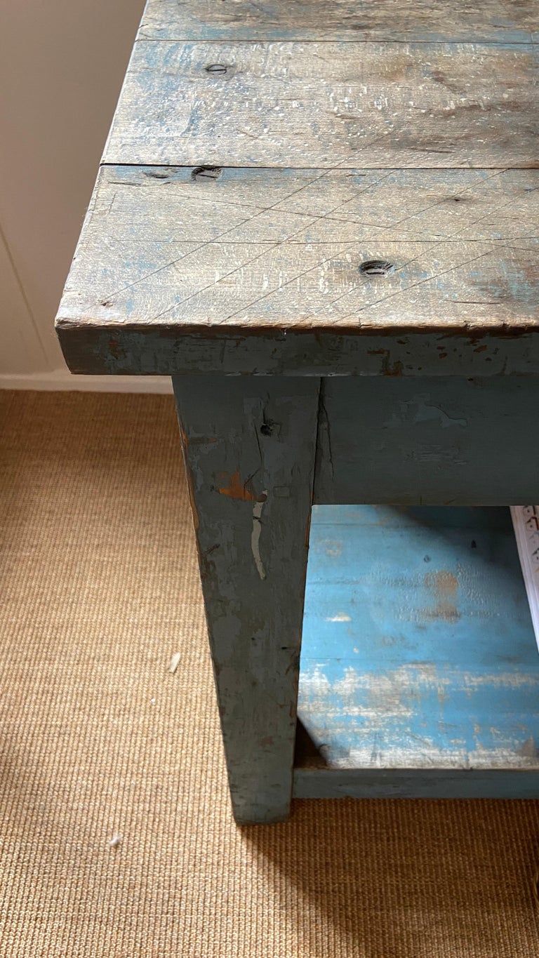 Vintage Rustic Console Table in Blue Painted Wood, France Late 19th