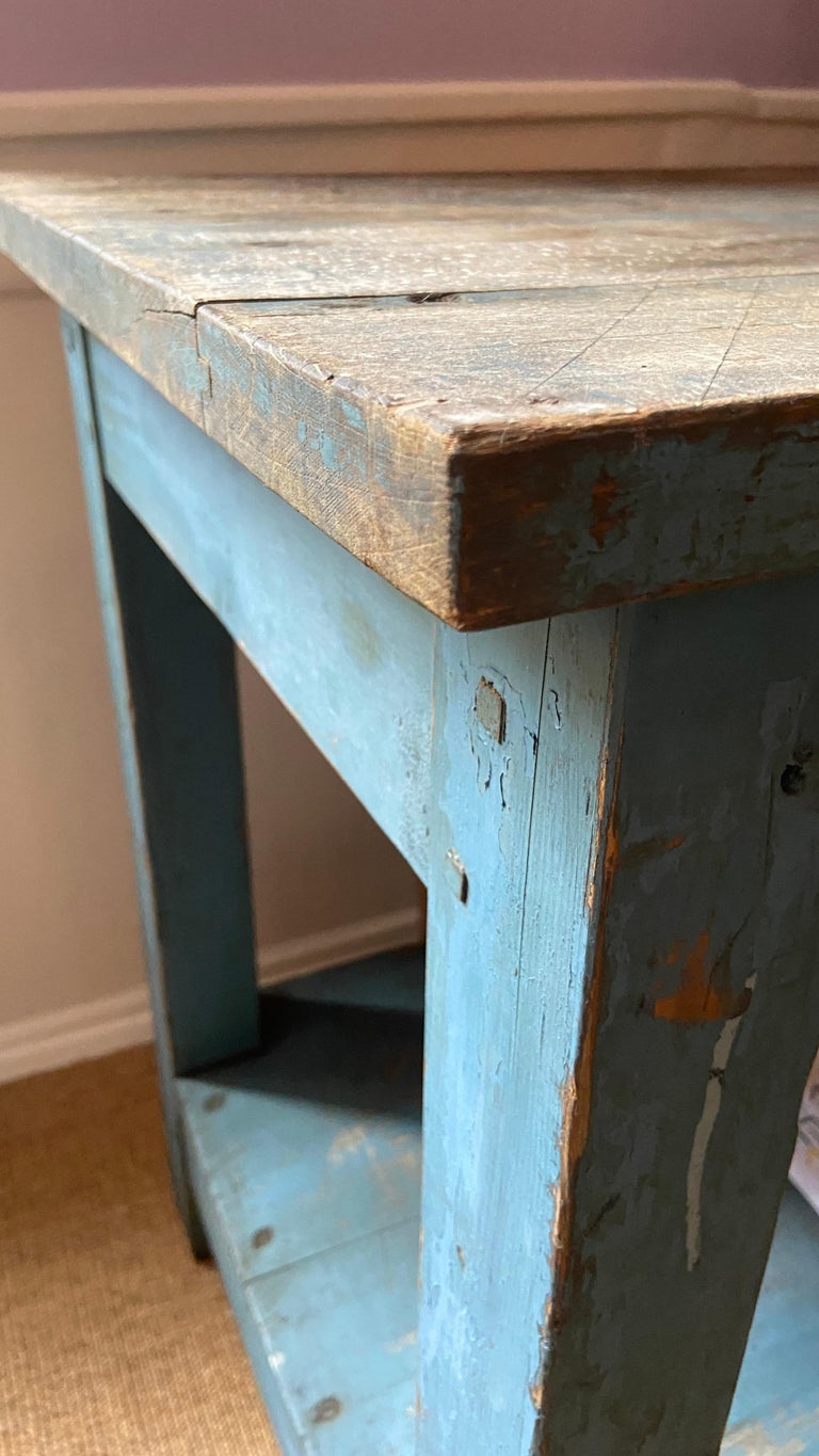 Vintage Rustic Console Table in Blue Painted Wood, France Late 19th