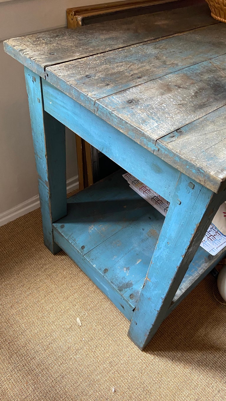 Vintage Rustic Console Table in Blue Painted Wood, France Late 19th