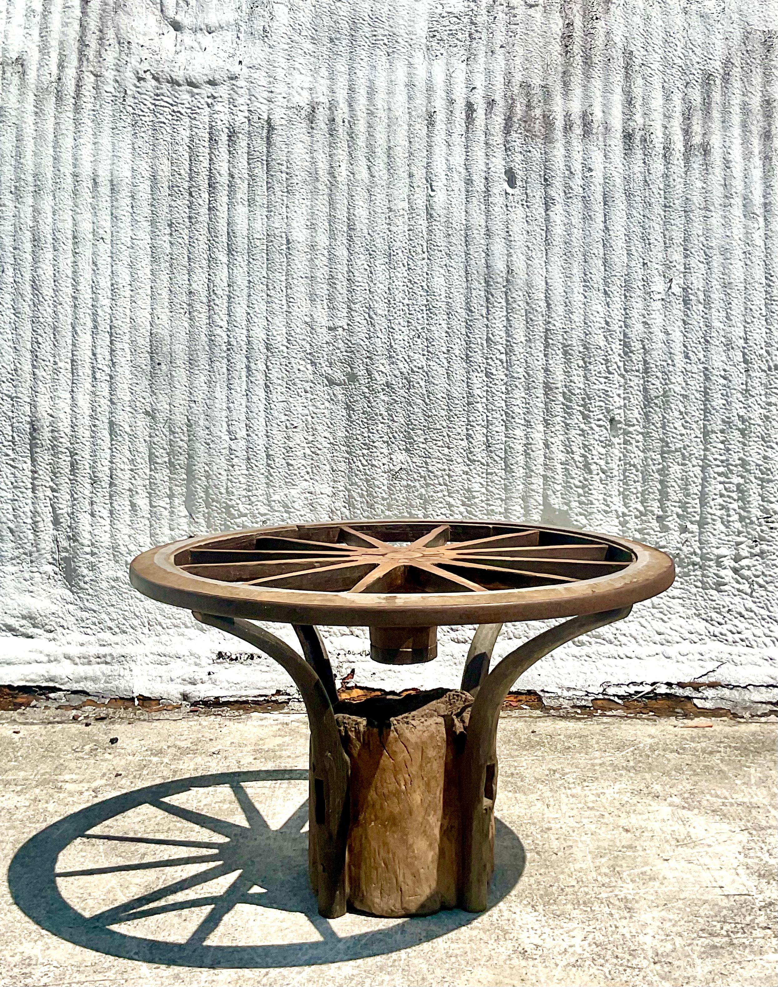 Wood Vintage Rustic Custom Built Wagon Wheel Table and Benches Set