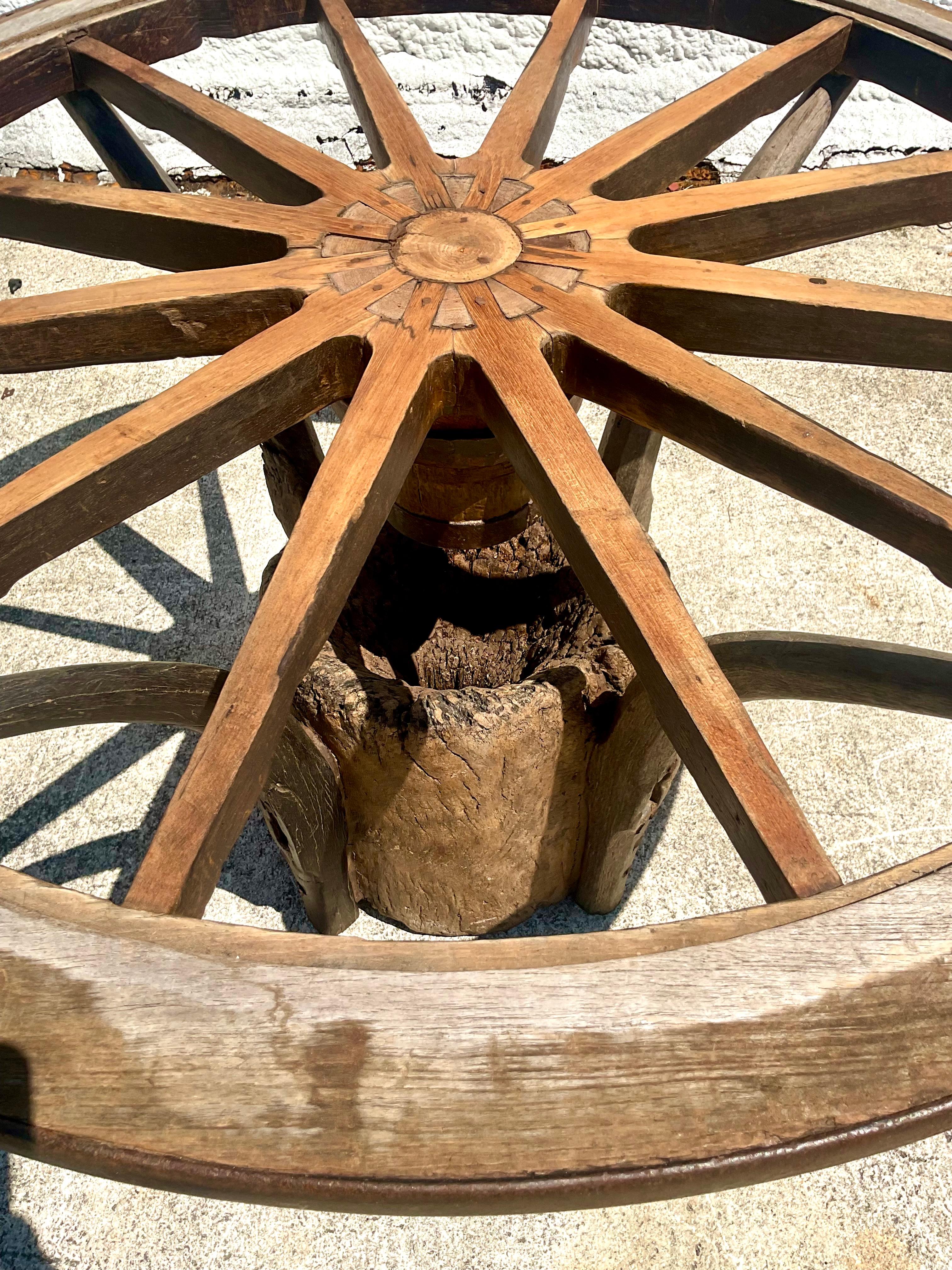 Vintage Rustic Custom Built Wagon Wheel Table and Benches Set  2