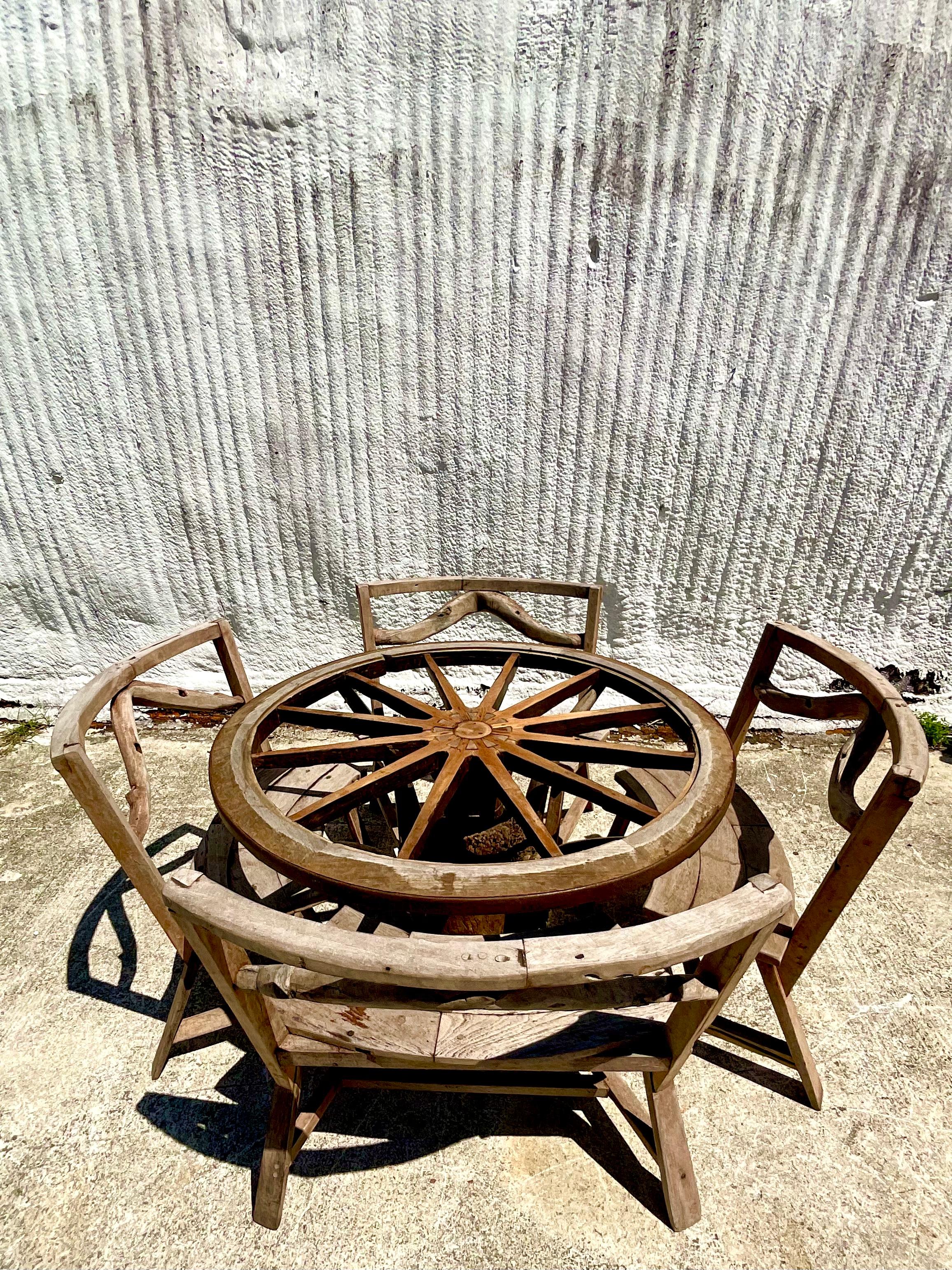 American Vintage Rustic Custom Built Wagon Wheel Table and Benches Set 