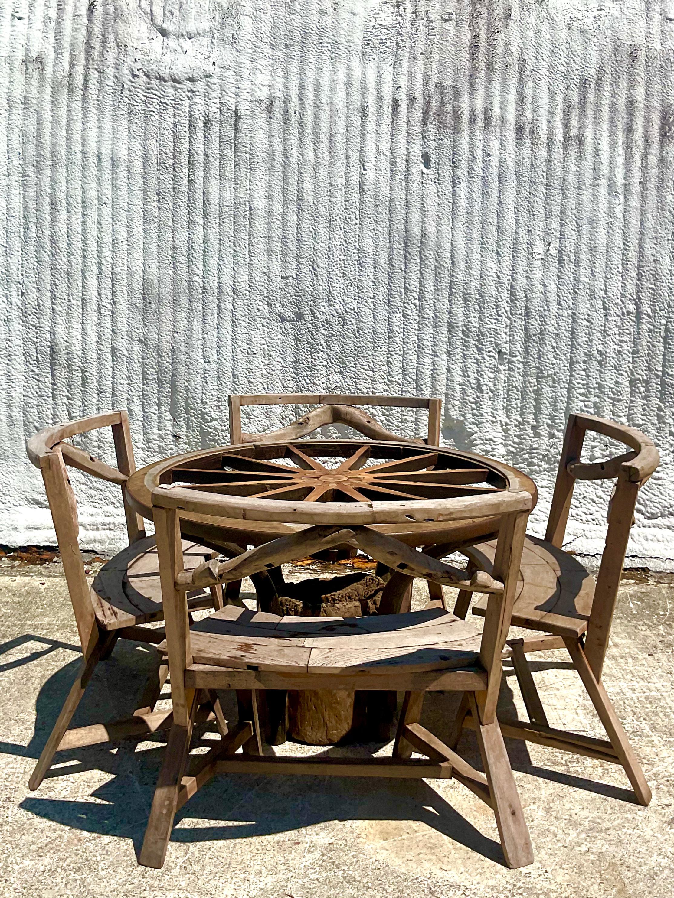 Vintage Rustic Custom Built Wagon Wheel Table and Benches Set  In Good Condition In west palm beach, FL