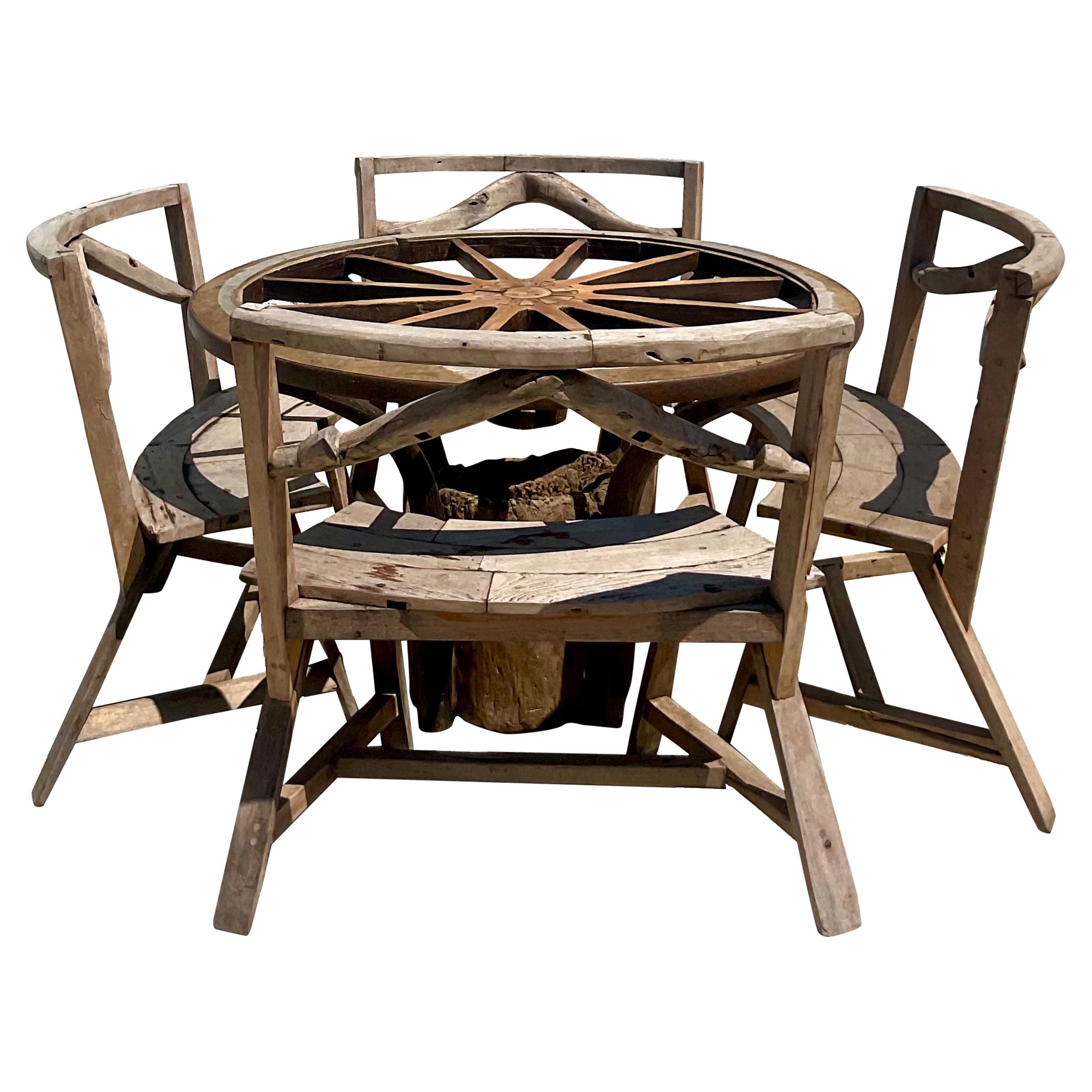 Vintage Rustic Custom Built Wagon Wheel Table and Benches Set