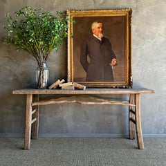 Vintage Rustic Elm Wood Console Table with Unique Stretchers