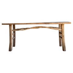 Vintage Rustic Elm Wood Console Table with Unique Stretchers