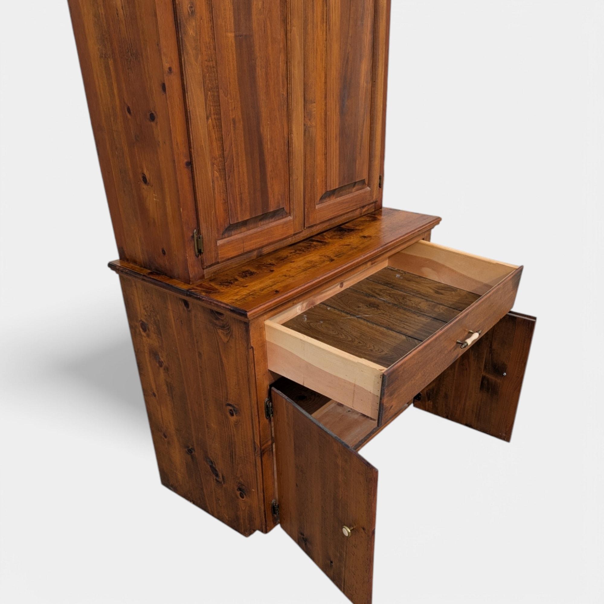 Colonial Revival Vintage Rustic Farmhouse Cupboard in Solid Knotty Pine, circa 1950s For Sale