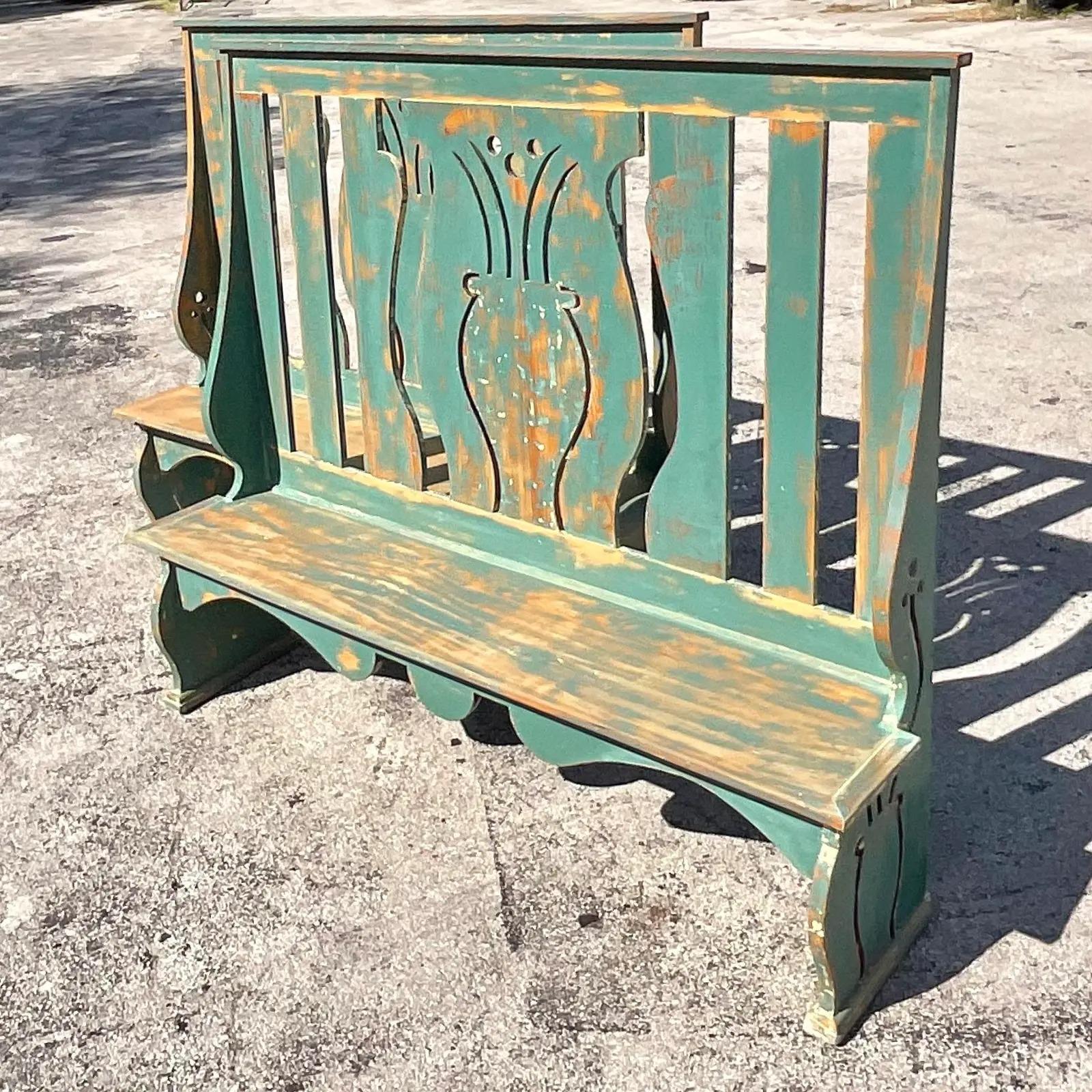 Fabulous pair of vintage Rustic Farmhouse benches. Beautiful high back with charming cutout detail. Years of paint remain for that authentic look. Leave as is or just paint to whatever color you prefer. Acquired from a Palm Beach estate.