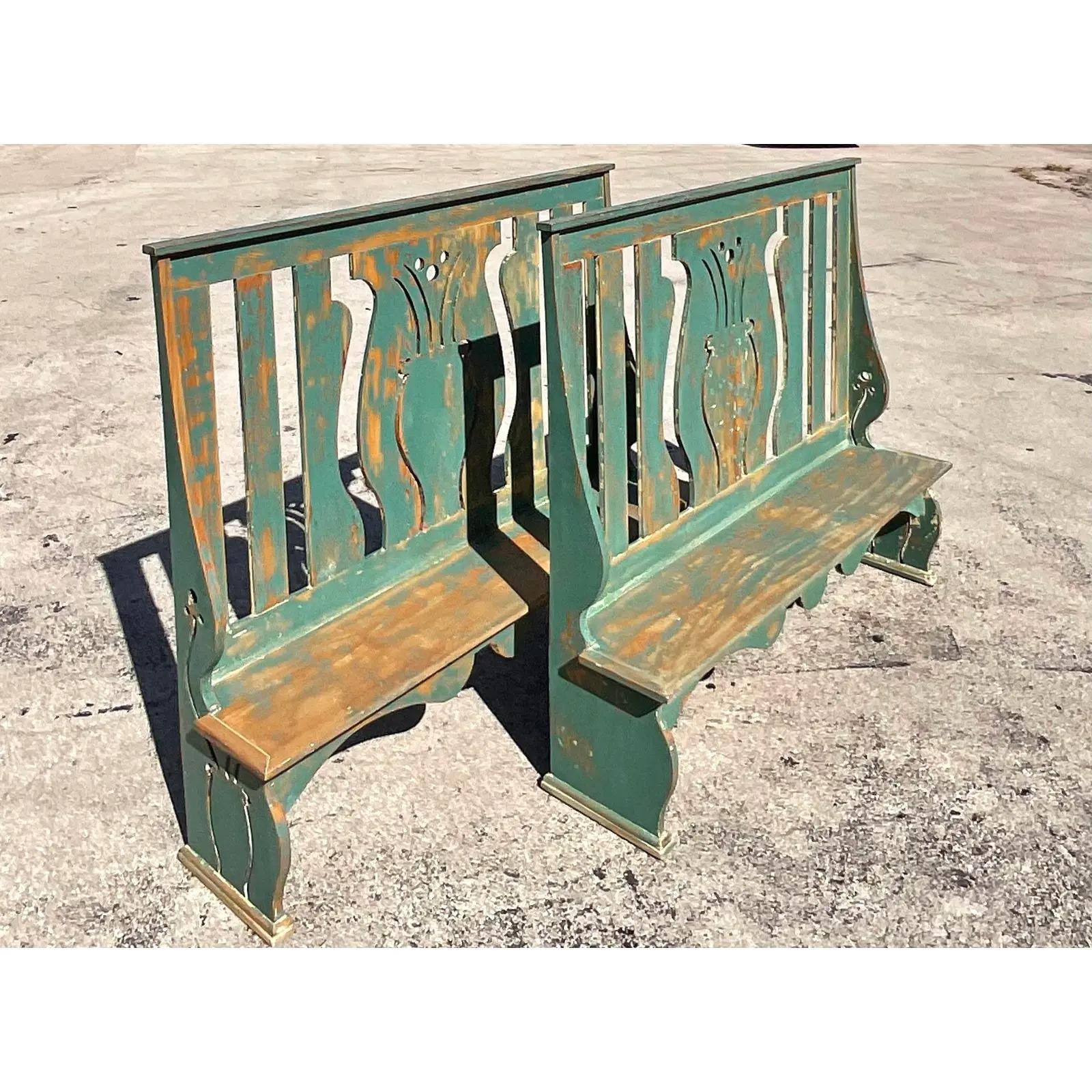 Vintage Rustic Farmhouse Cutout High Back Benches, a Pair In Good Condition In west palm beach, FL