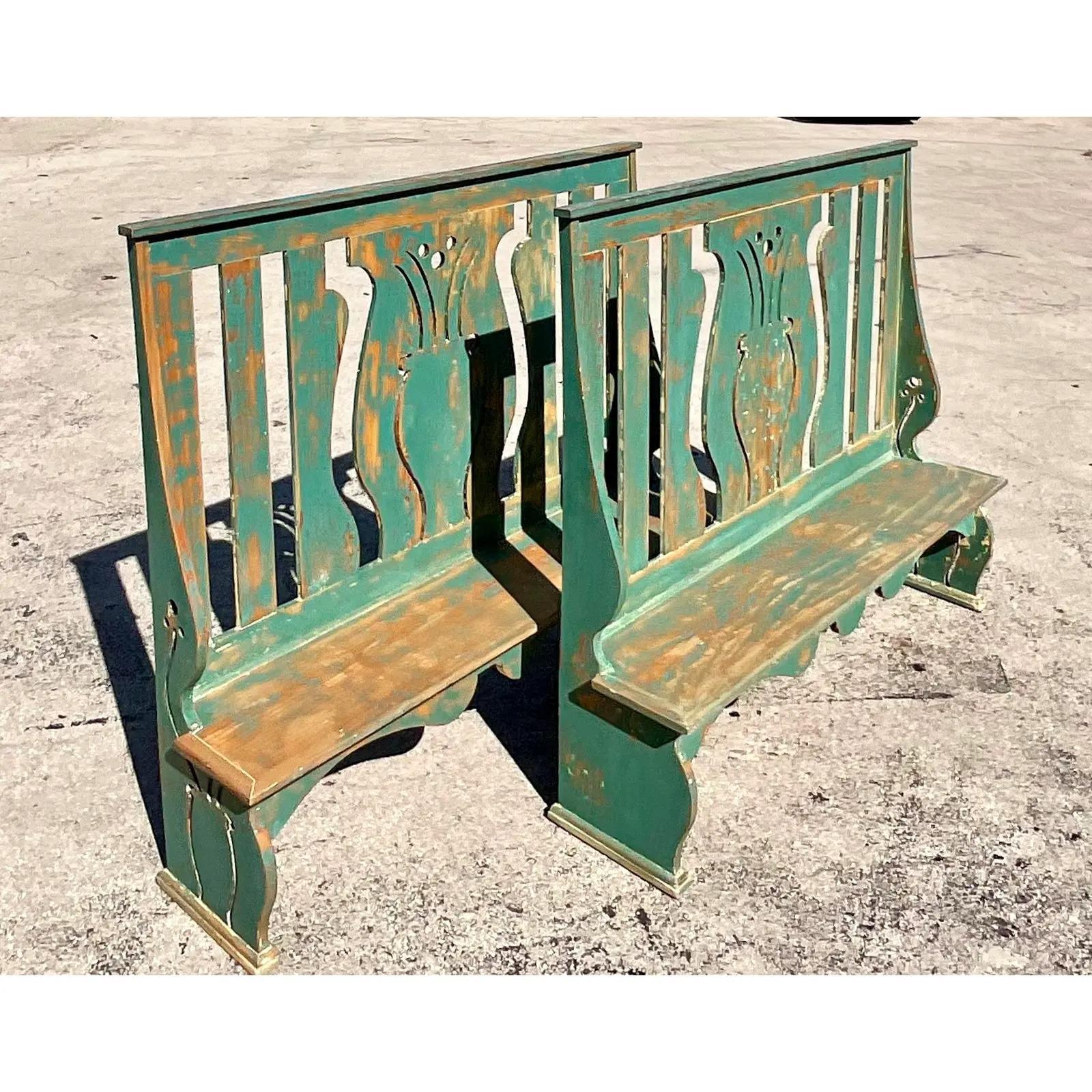 Paint Vintage Rustic Farmhouse Cutout High Back Benches, a Pair
