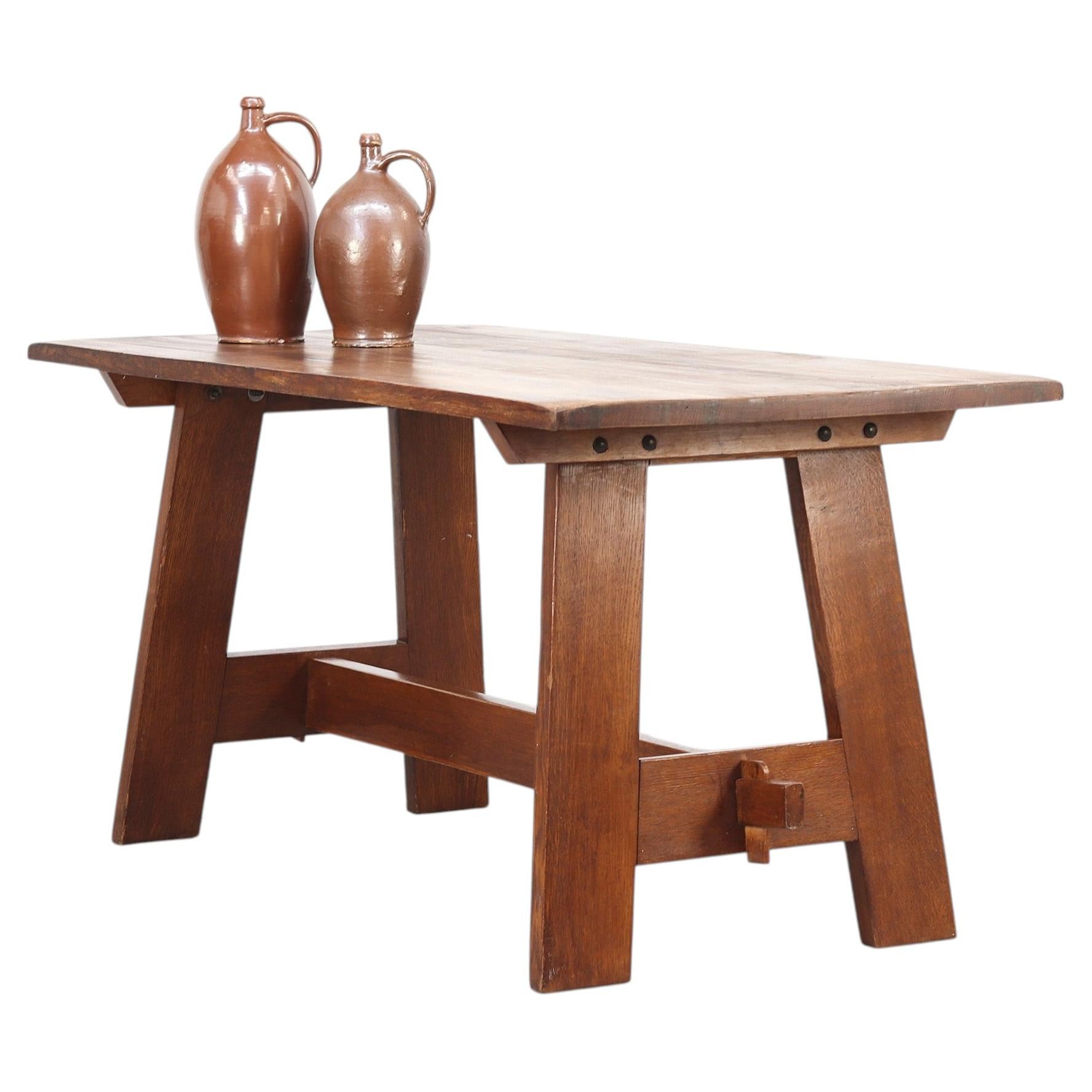 Vintage Rustic Farmhouse Mid-Century Brutalist Oak Dining Table