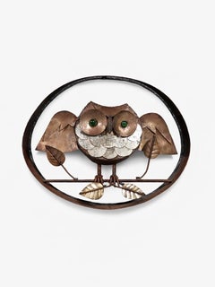 Vintage Rustic Folk Art Metal Owl Wall Sculpture w/ Green Glass Eyes