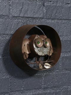 Vintage Rustic Folk Art Metal Owl Wall Sculpture w/ Green Glass Eyes