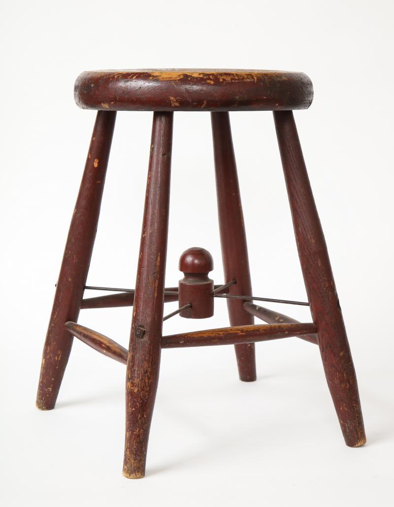 Wood Vintage Rustic Four-Legged Maroon Stool For Sale