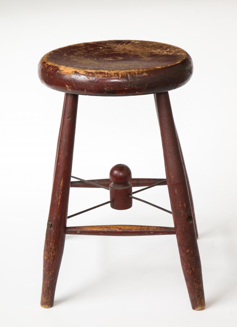 North American Vintage Rustic Four-Legged Maroon Stool For Sale