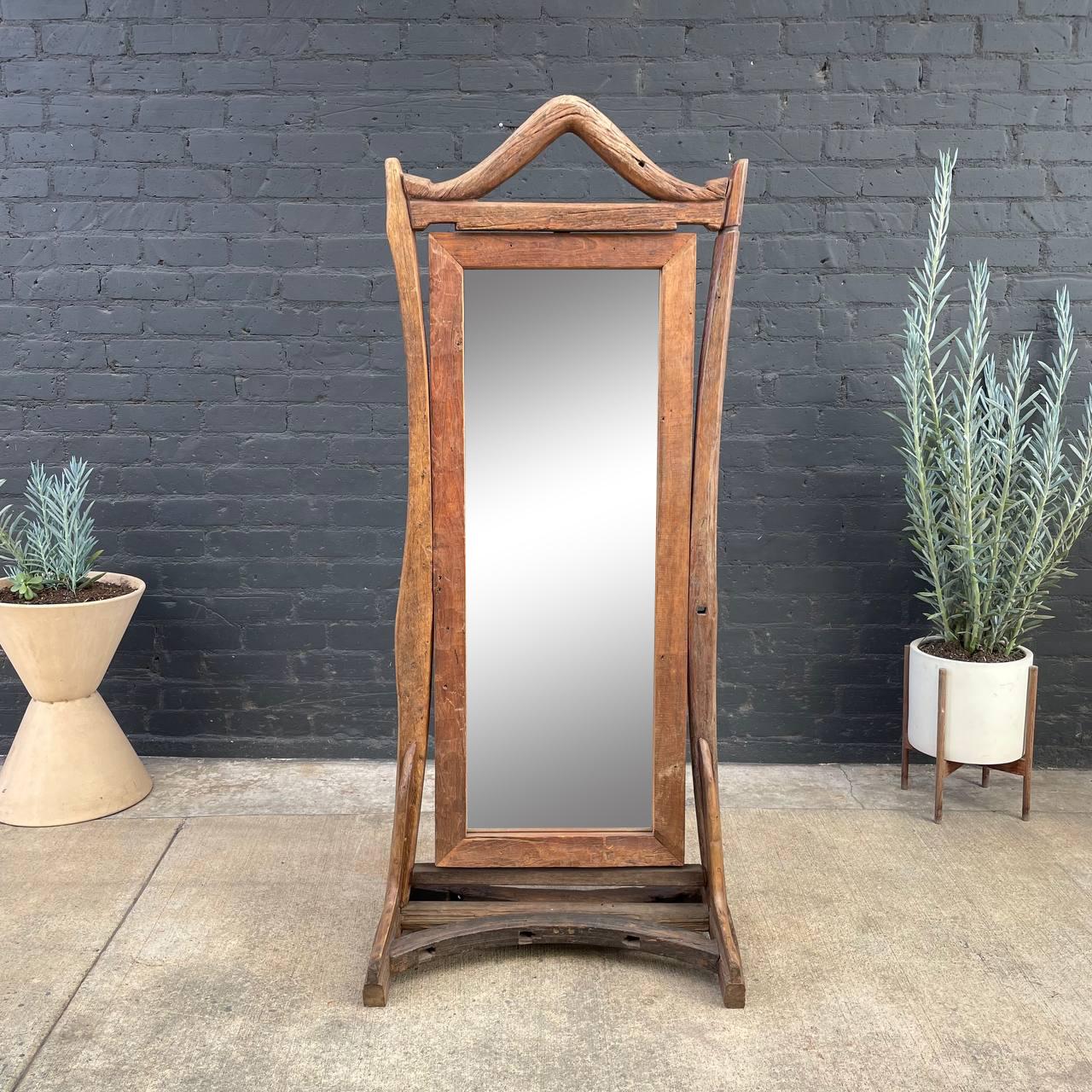 Vintage rustic free-standing wood dressing mirror.
 