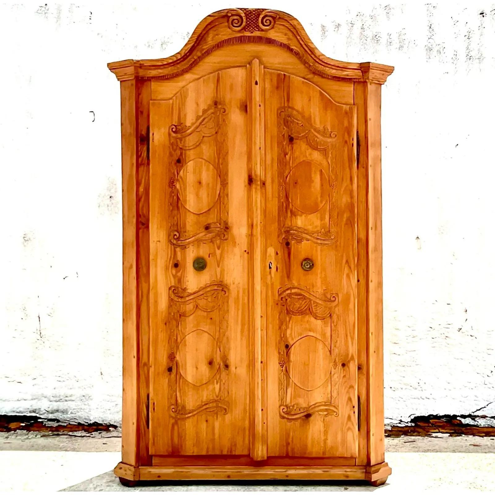 Vintage Rustic Hand Carved Pine Armoire For Sale 2