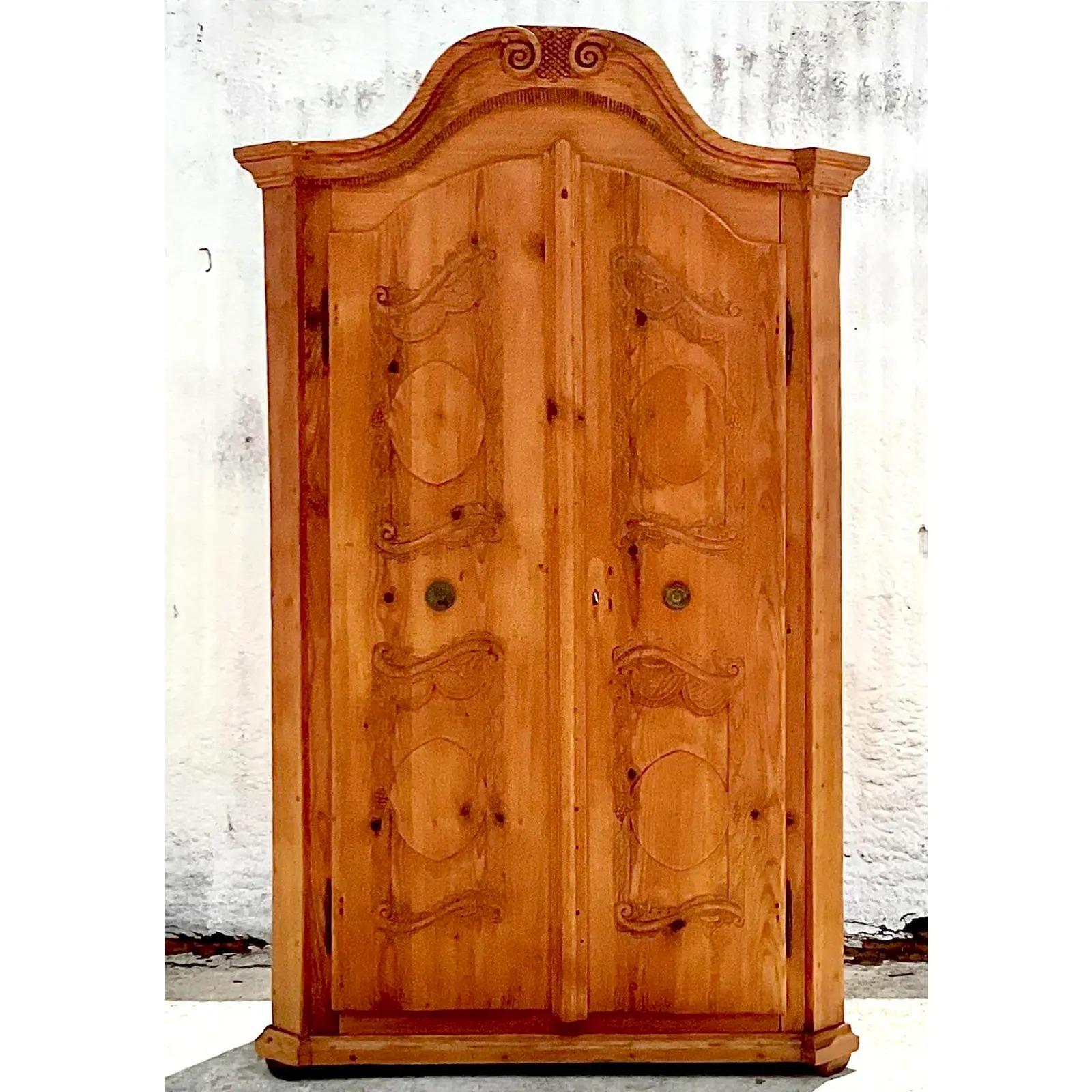 Vintage Rustic Hand Carved Pine Armoire In Good Condition For Sale In west palm beach, FL