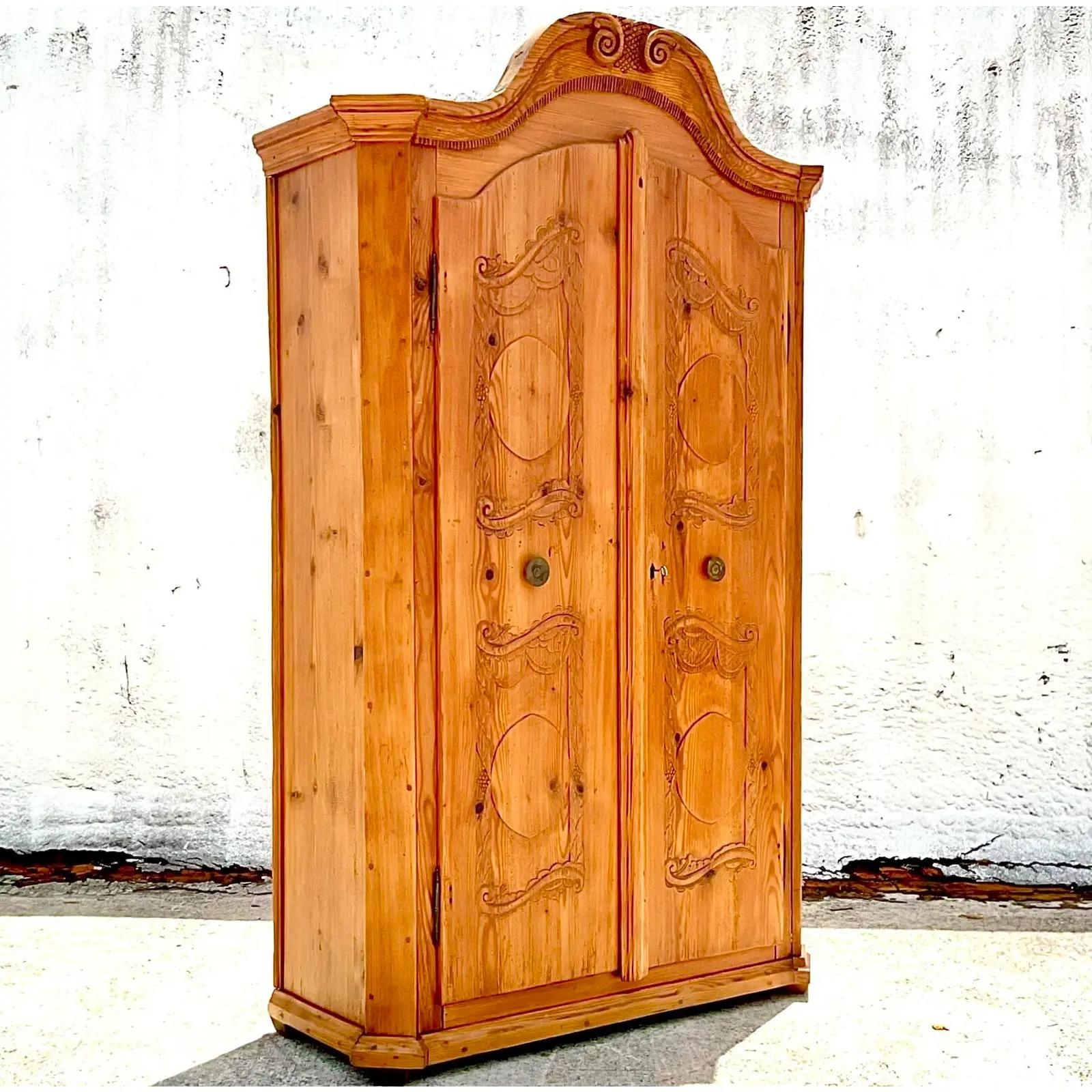 Vintage Rustic Hand Carved Pine Armoire For Sale at 1stDibs