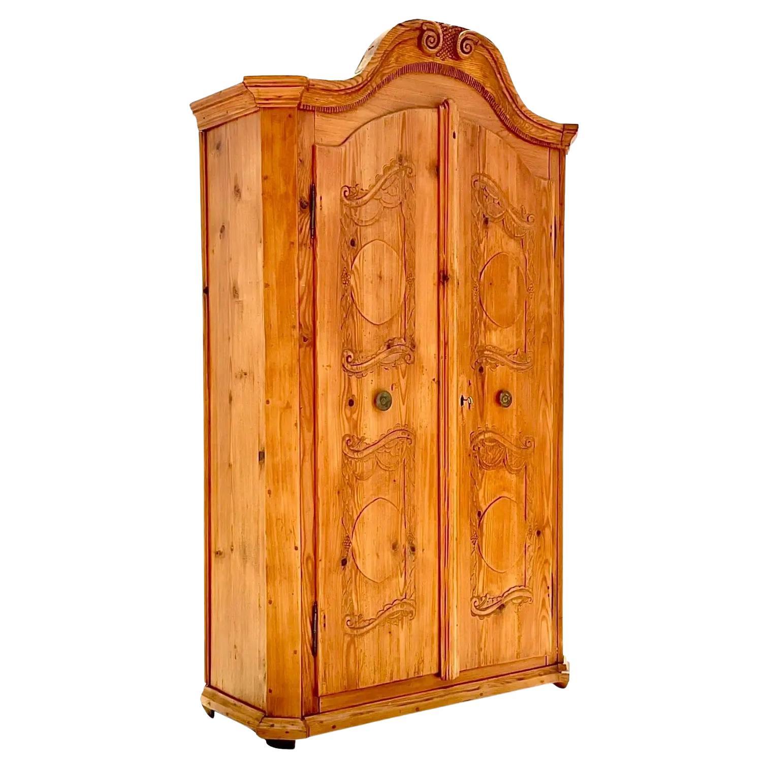 Vintage Rustic Hand Carved Pine Armoire