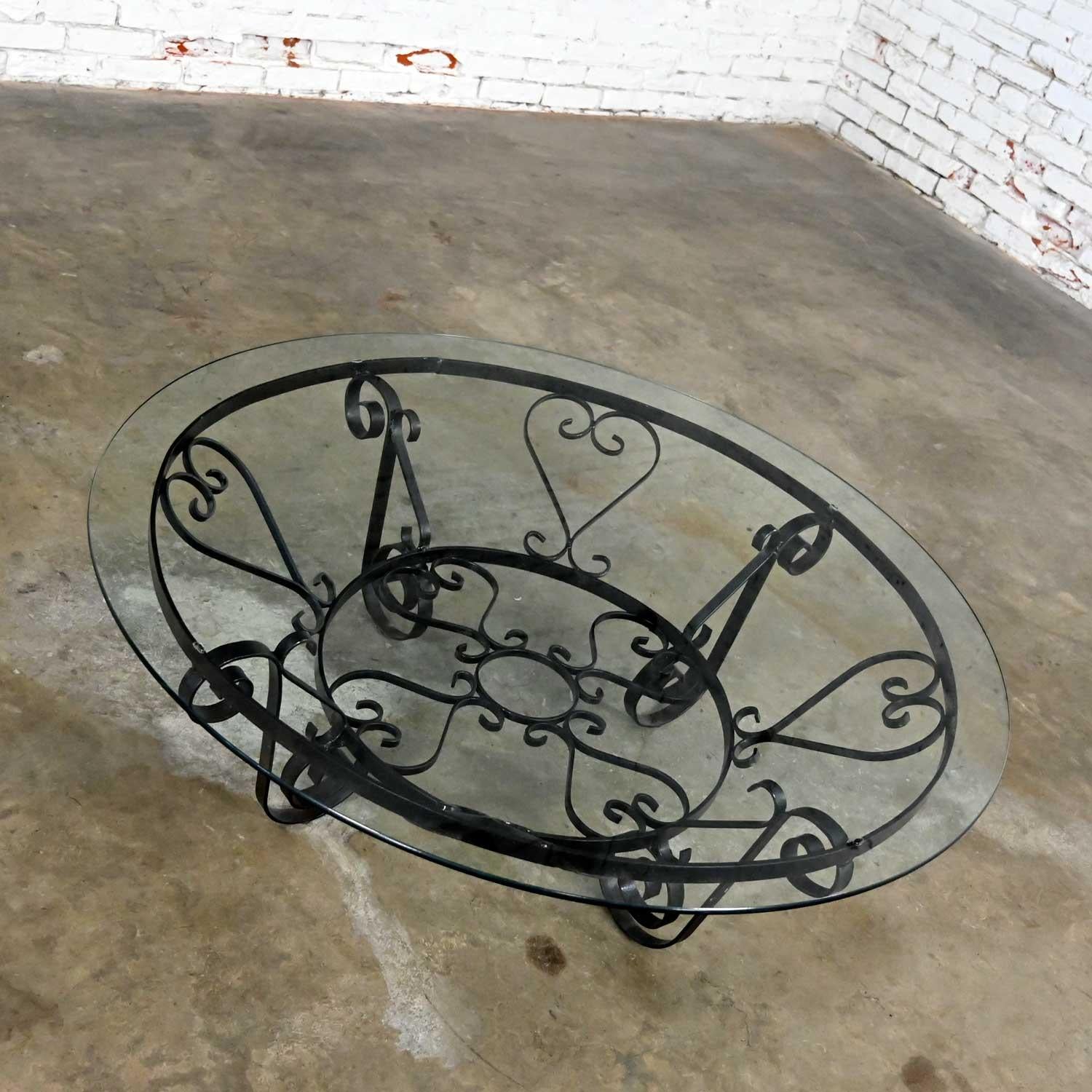 Vintage Rustic Hand Wrought Iron Round Coffee Table with Glass Top For Sale 3