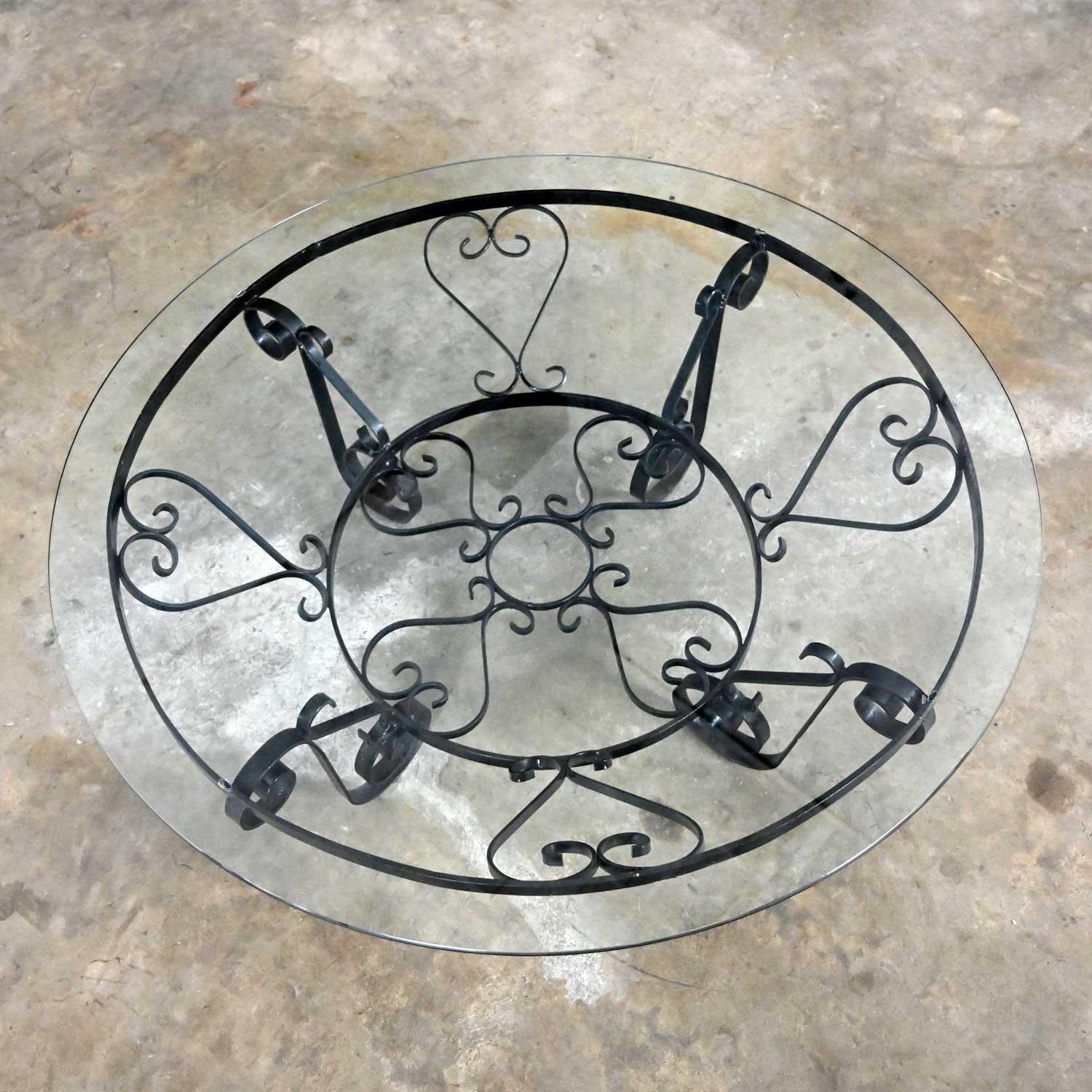 Vintage Rustic Hand Wrought Iron Round Coffee Table with Glass Top For Sale 4