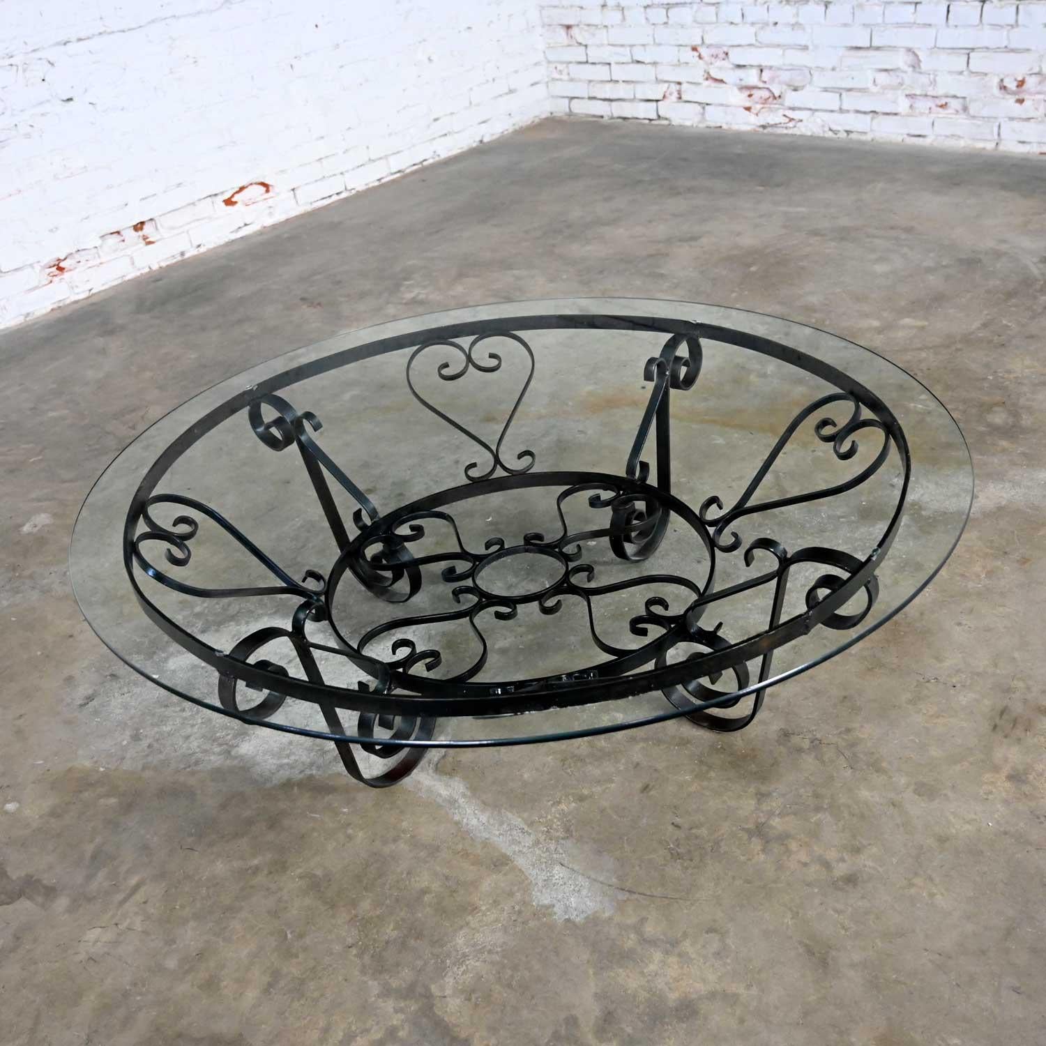 Vintage Rustic Hand Wrought Iron Round Coffee Table with Glass Top For Sale 1