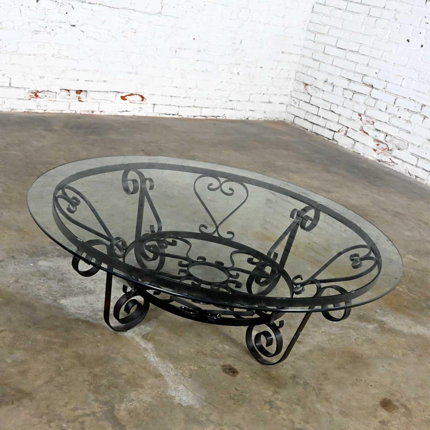 Vintage Rustic Hand Wrought Iron Round Coffee Table with Glass Top For Sale 2