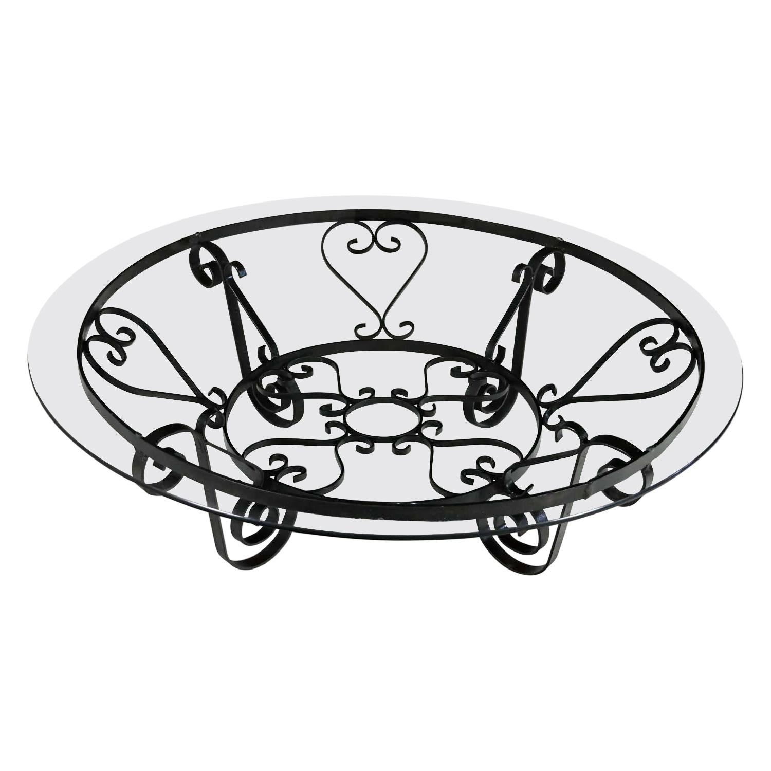 Vintage Rustic Hand Wrought Iron Round Coffee Table with Glass Top For Sale