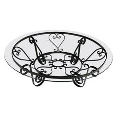 Vintage Rustic Hand Wrought Iron Round Coffee Table with Glass Top