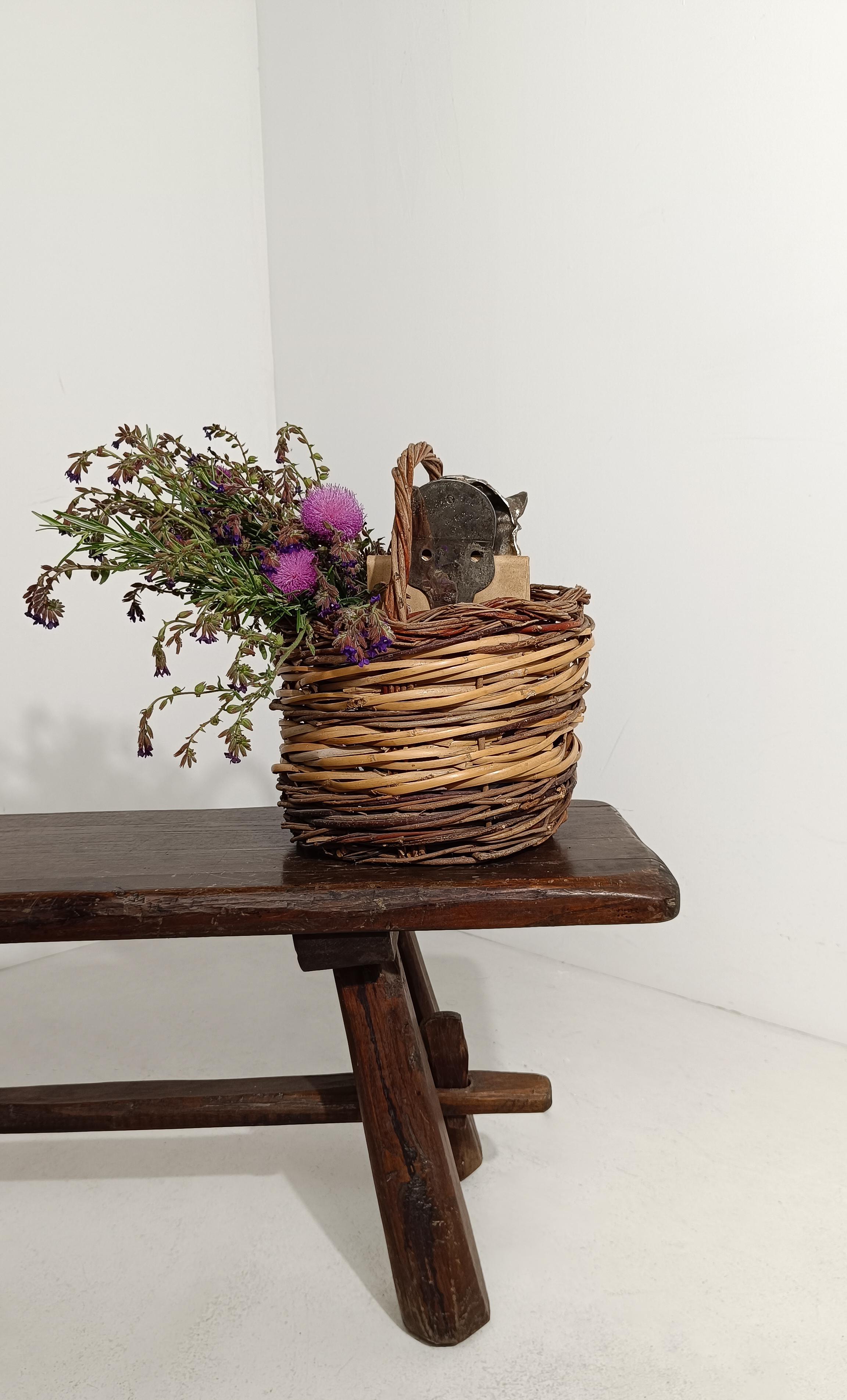 20th Century Vintage Rustic Italian Basket with Handle, Hand Made in Wicker & Willow For Sale