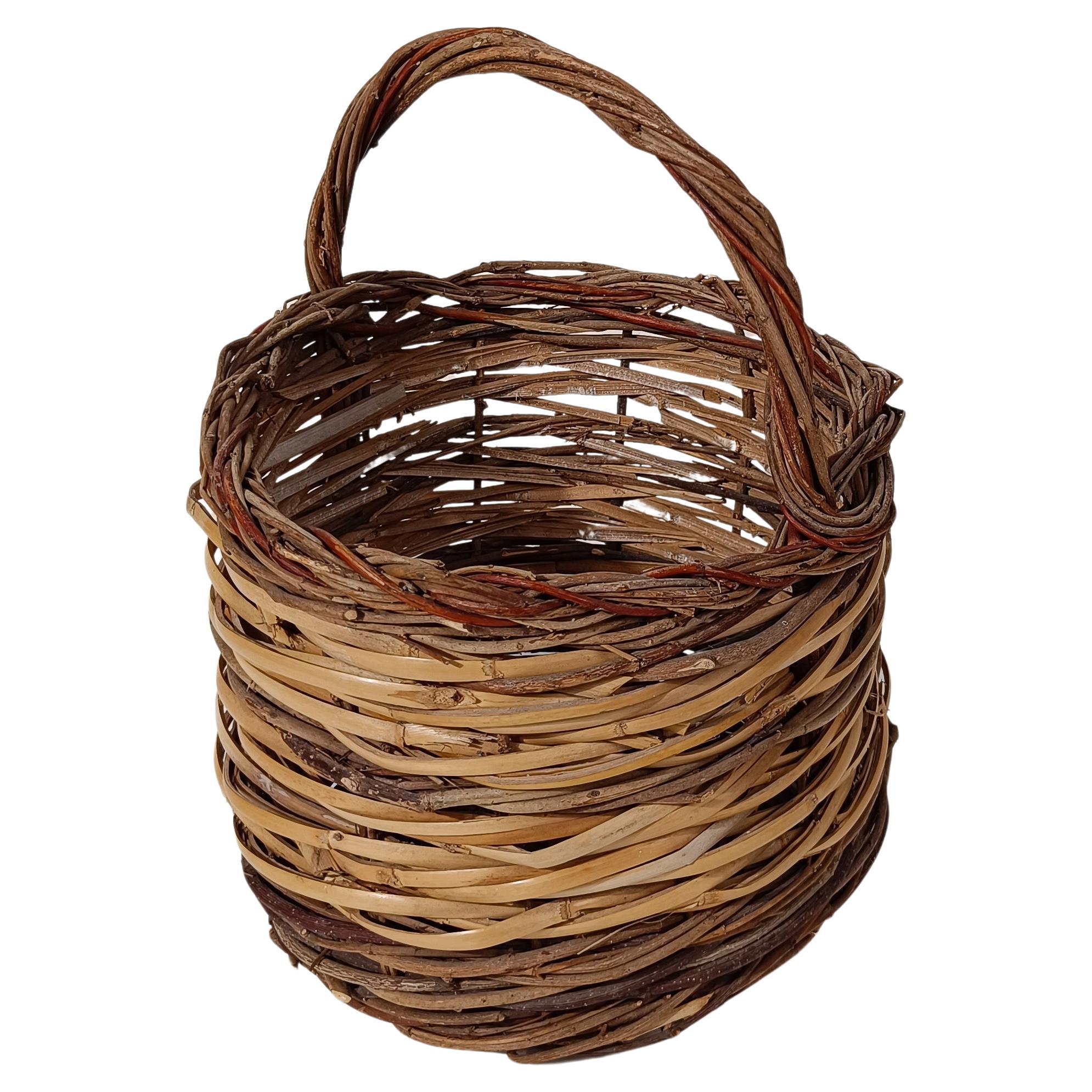 Vintage Rustic Italian Basket with Handle, Hand Made in Wicker & Willow