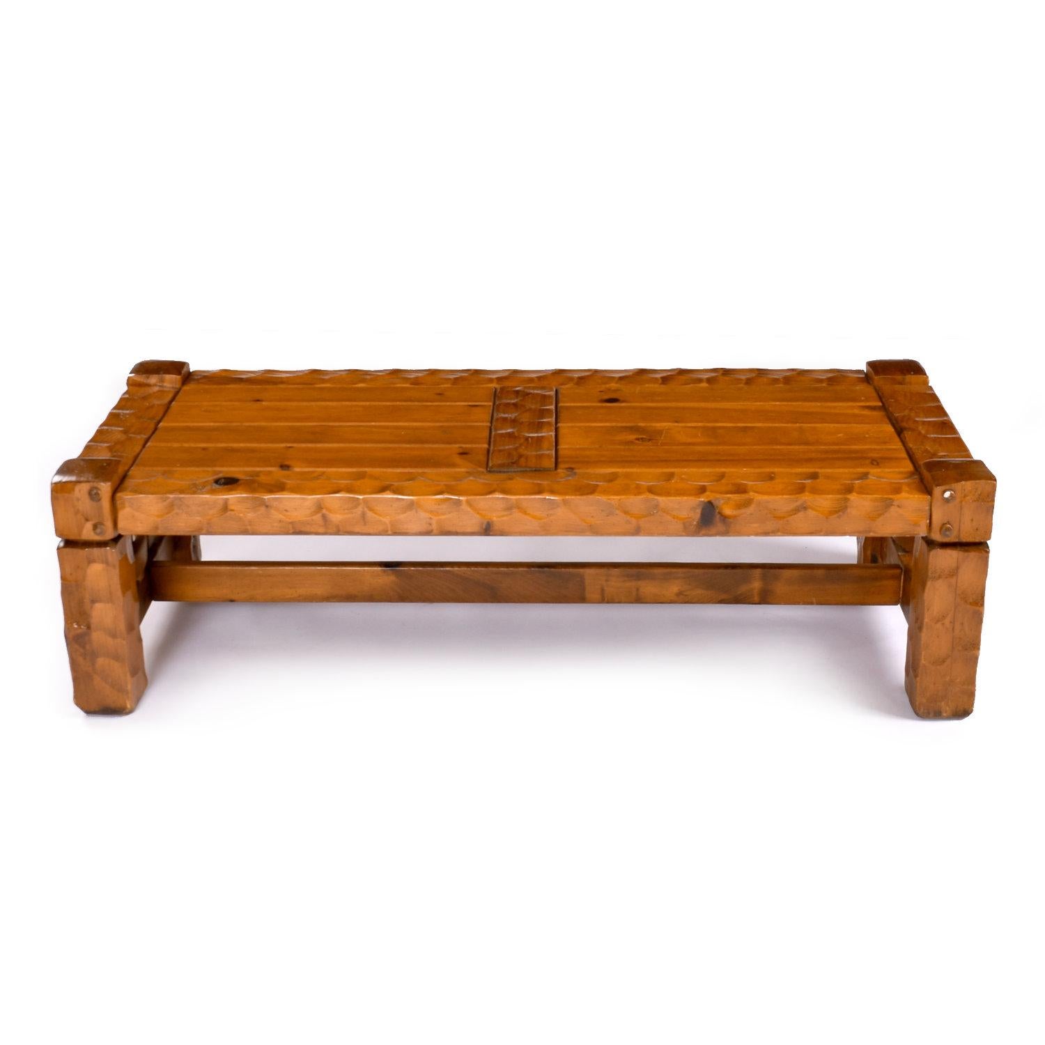 Set of of rustic knotty pine occasional tables by Null. This set includes the coffee table and side tables as pictured. You don’t need a ski lodge or Hemingway-esque cabin to integrate this into your decor. Made by Null Manufacturing of Maiden N.C.,