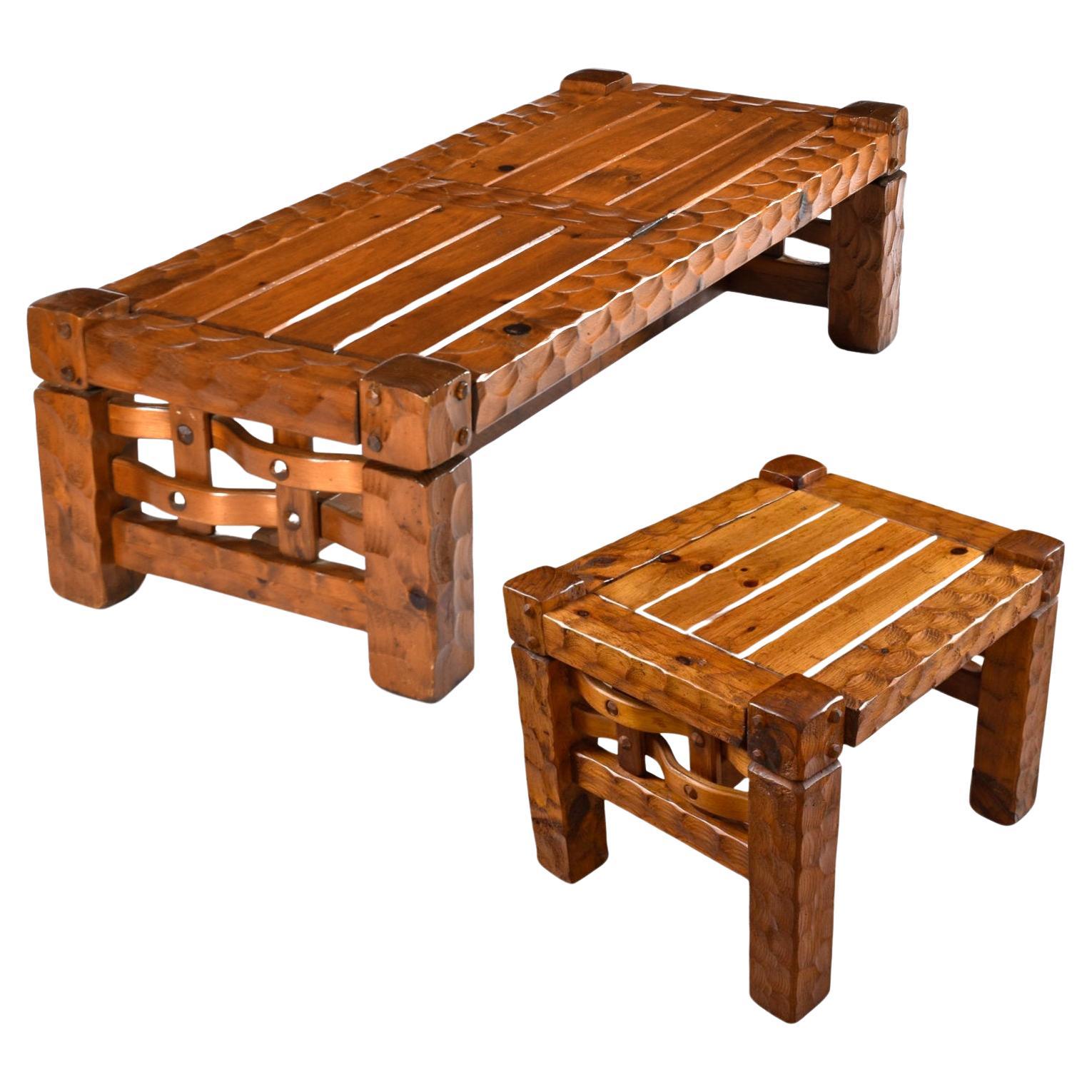 Vintage Rustic Knotty Pine Coffee Table and Side Table by Null For Sale