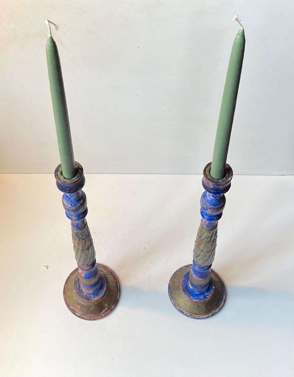 20th Century Vintage Rustic Large Candlesticks in Painted Wood For Sale