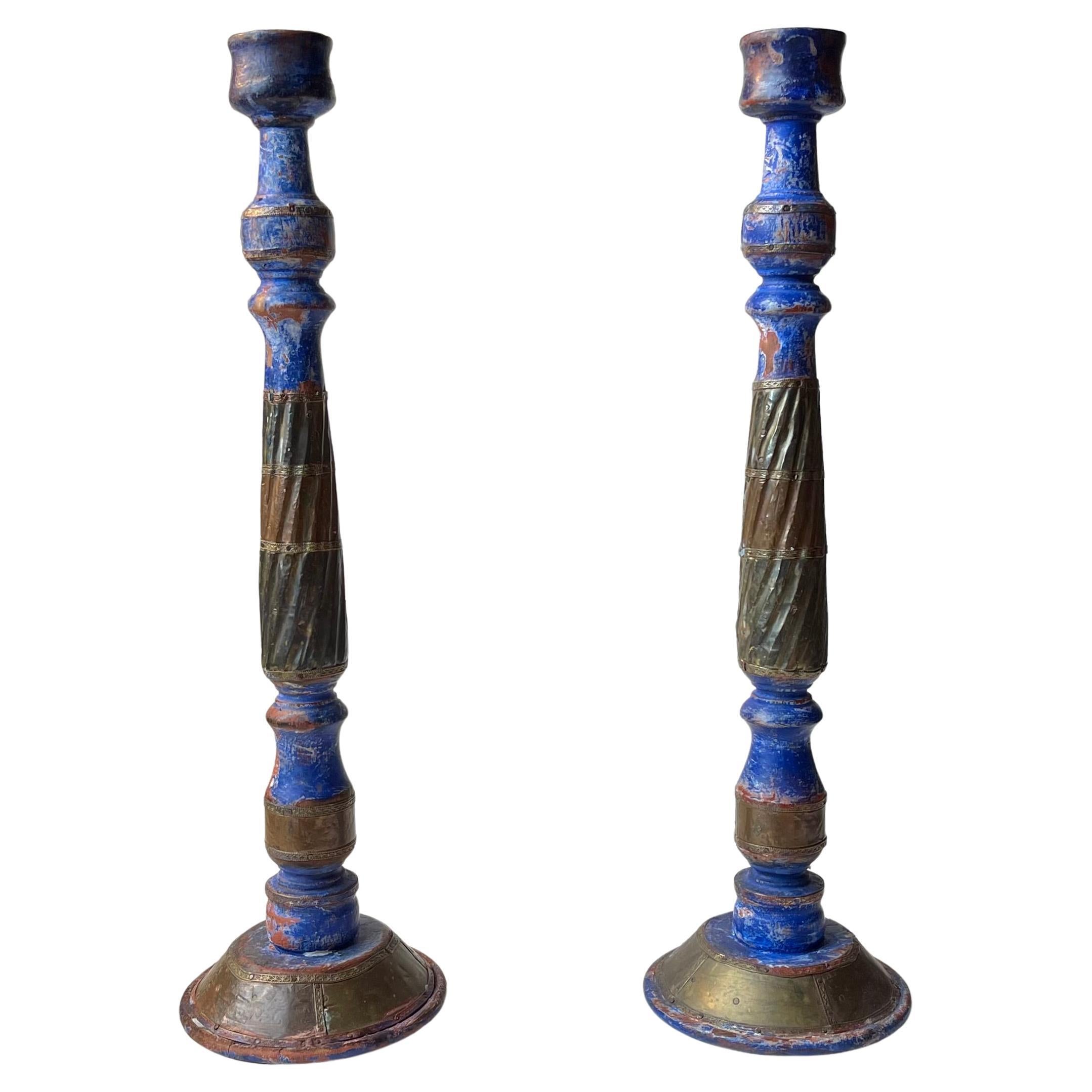 Vintage Rustic Large Candlesticks in Painted Wood For Sale