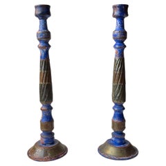 Vintage Rustic Large Candlesticks in Painted Wood