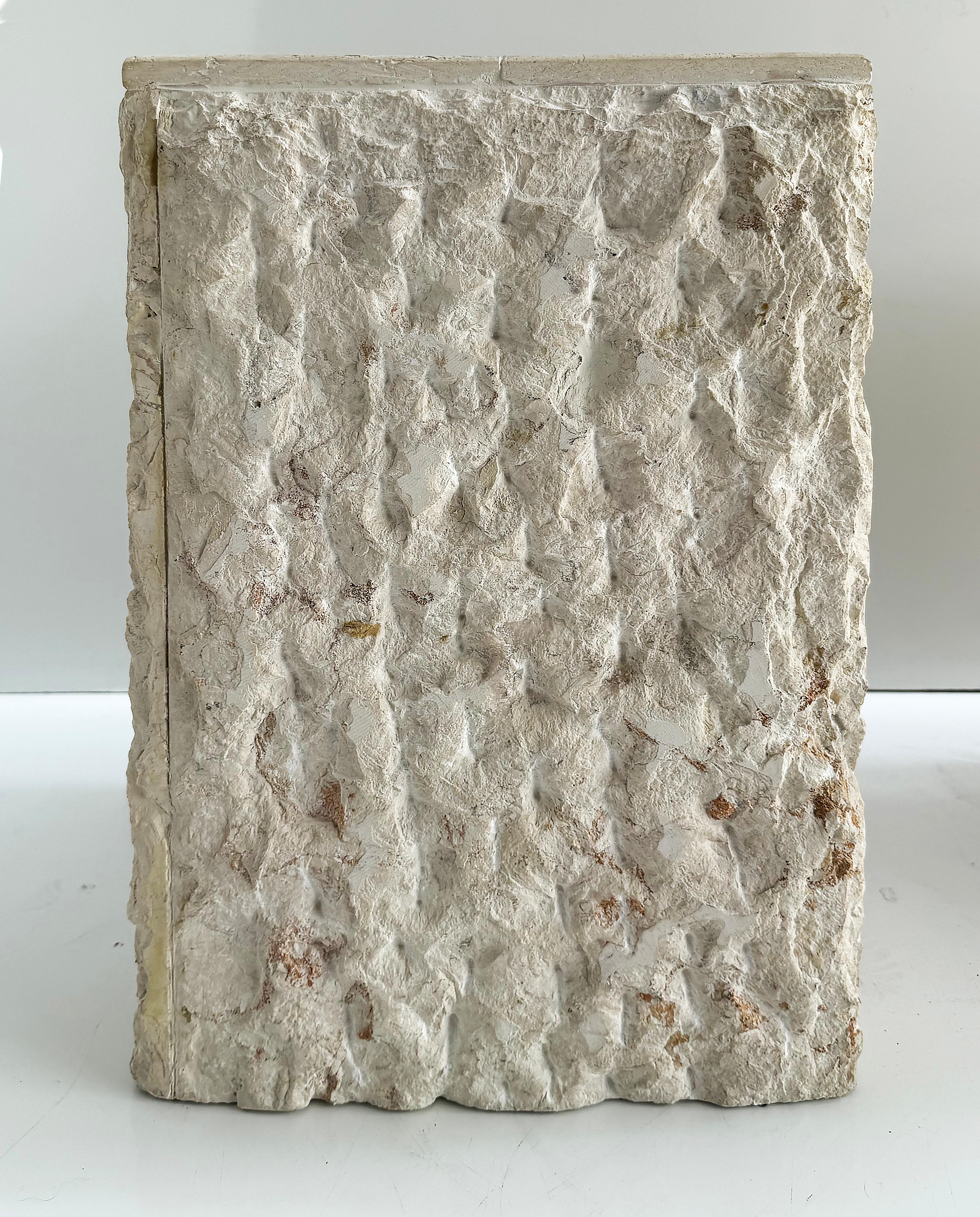 Vintage Rustic Live Edge Stone Pedestal Side Tables, Pair, Hand Made 

Offered for sale is a pair of rustic hand crafted live edge stone pedestals that can be used as side tables. They can be used either indoors or outside in a garden.  The tops are