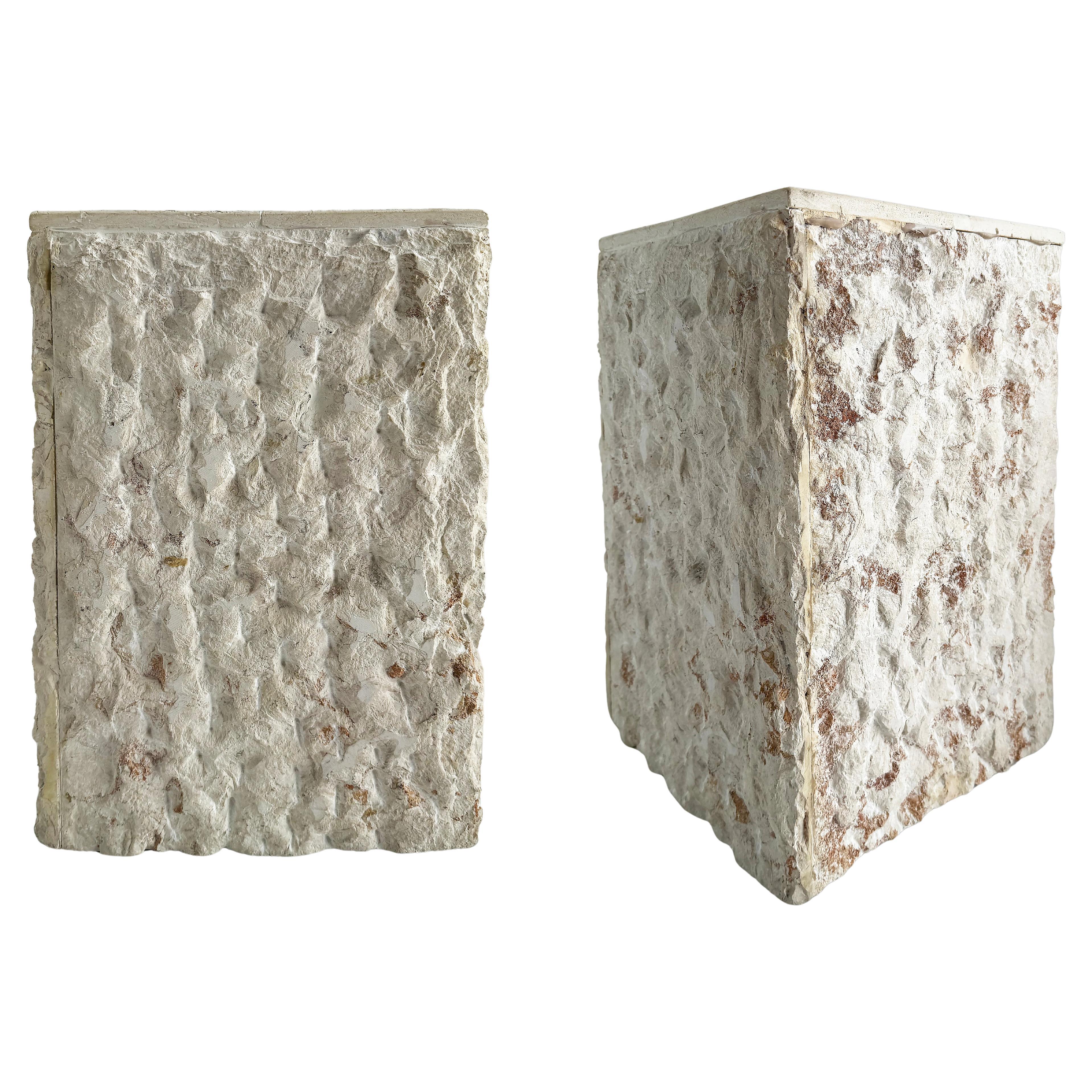 Vintage Rustic Live Edge Stone Pedestal Side Tables, Pair, Hand Made For Sale